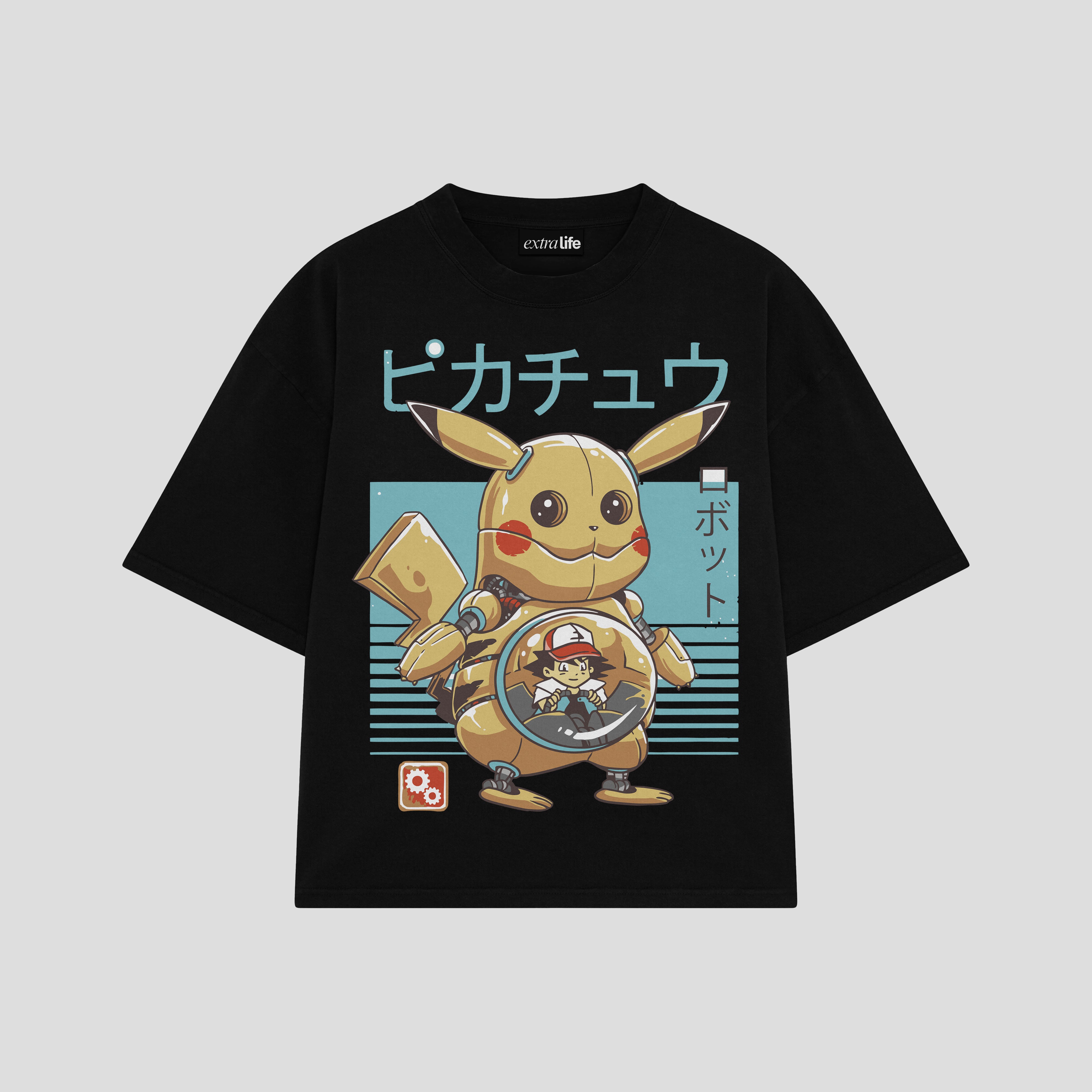Playera streetwear premium de anime y gaming ExtraLife MX, corte boxy oversized drop shoulder heavyweight en color Deep Black y Off-White, moda urbana mexicana de culto.