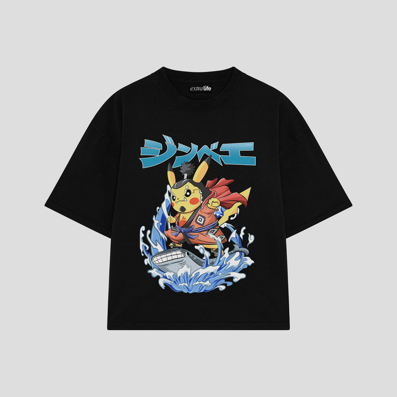 Playera streetwear premium de anime y gaming ExtraLife MX, corte boxy oversized drop shoulder heavyweight en color Deep Black y Off-White, moda urbana mexicana de culto.