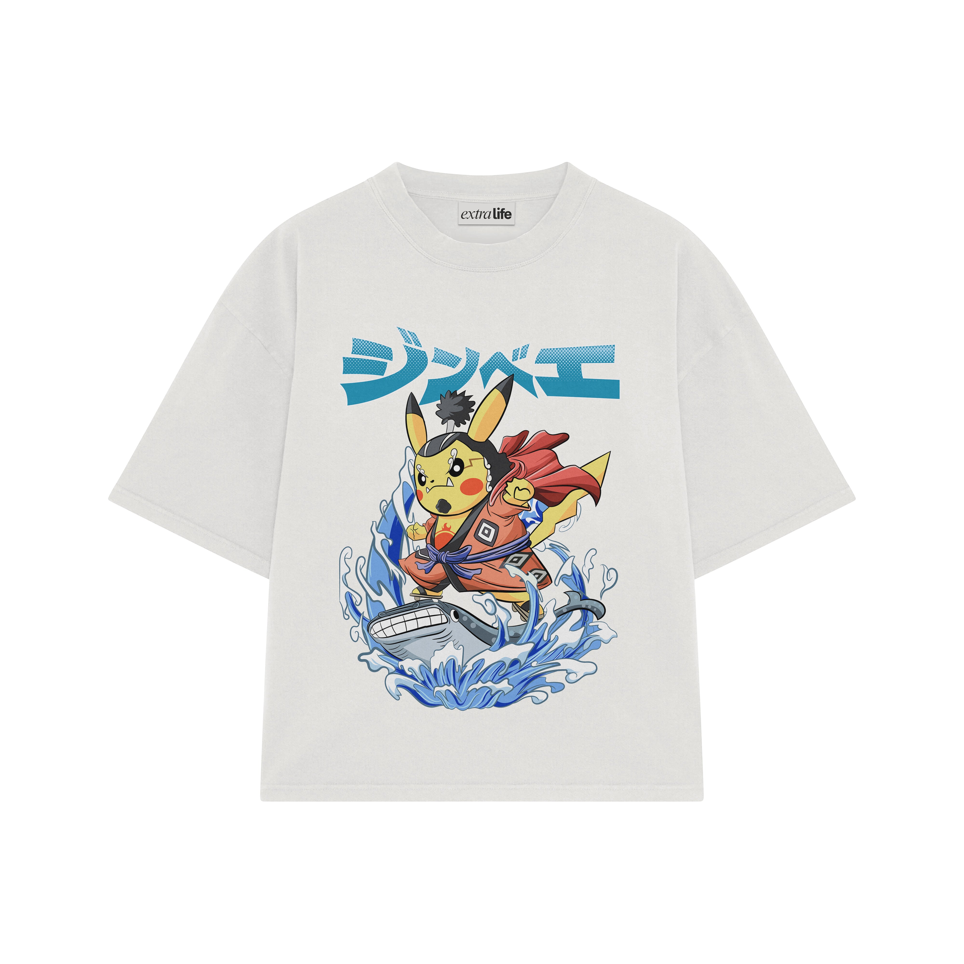 Playera streetwear premium de anime y gaming ExtraLife MX, corte boxy oversized drop shoulder heavyweight en color Deep Black y Off-White, moda urbana mexicana de culto.