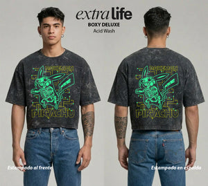 Playera streetwear premium de anime y gaming ExtraLife MX, corte boxy deluxe mineral wash heavyweight en color Acid Wash, moda urbana mexicana de culto.
