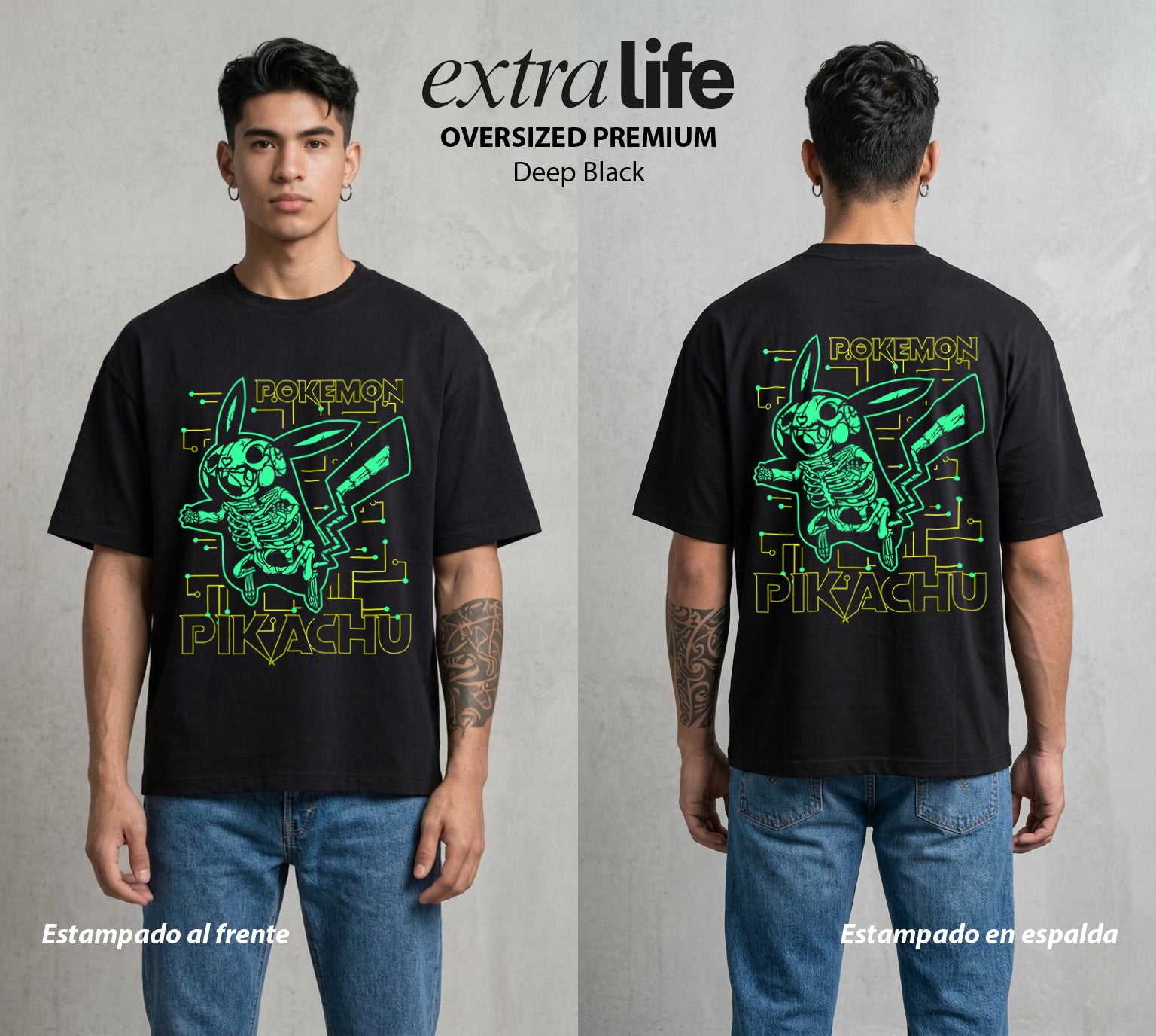 El Mundo Entrenador | El Rayo de Kanto Rayos X #03542 - Playera Oversized Premium | Deep Black - Foto en modelo
