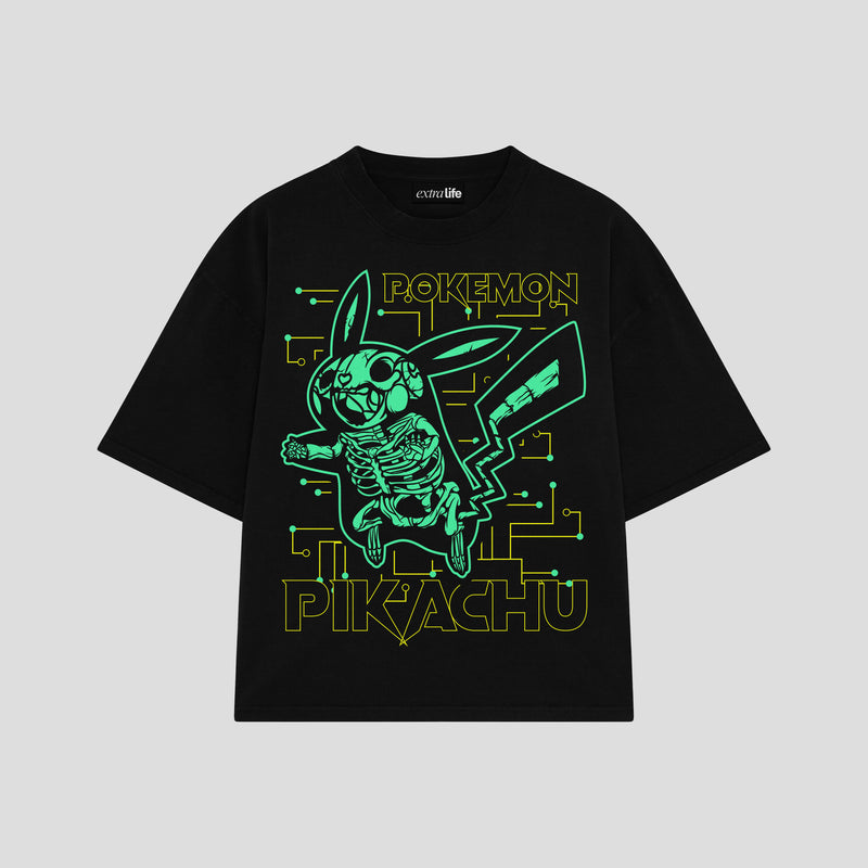 Playera streetwear premium de anime y gaming ExtraLife MX, corte boxy oversized drop shoulder heavyweight en color Deep Black y Off-White, moda urbana mexicana de culto.