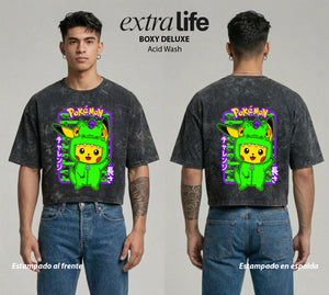 Playera streetwear premium de anime y gaming ExtraLife MX, corte boxy deluxe mineral wash heavyweight en color Acid Wash, moda urbana mexicana de culto.