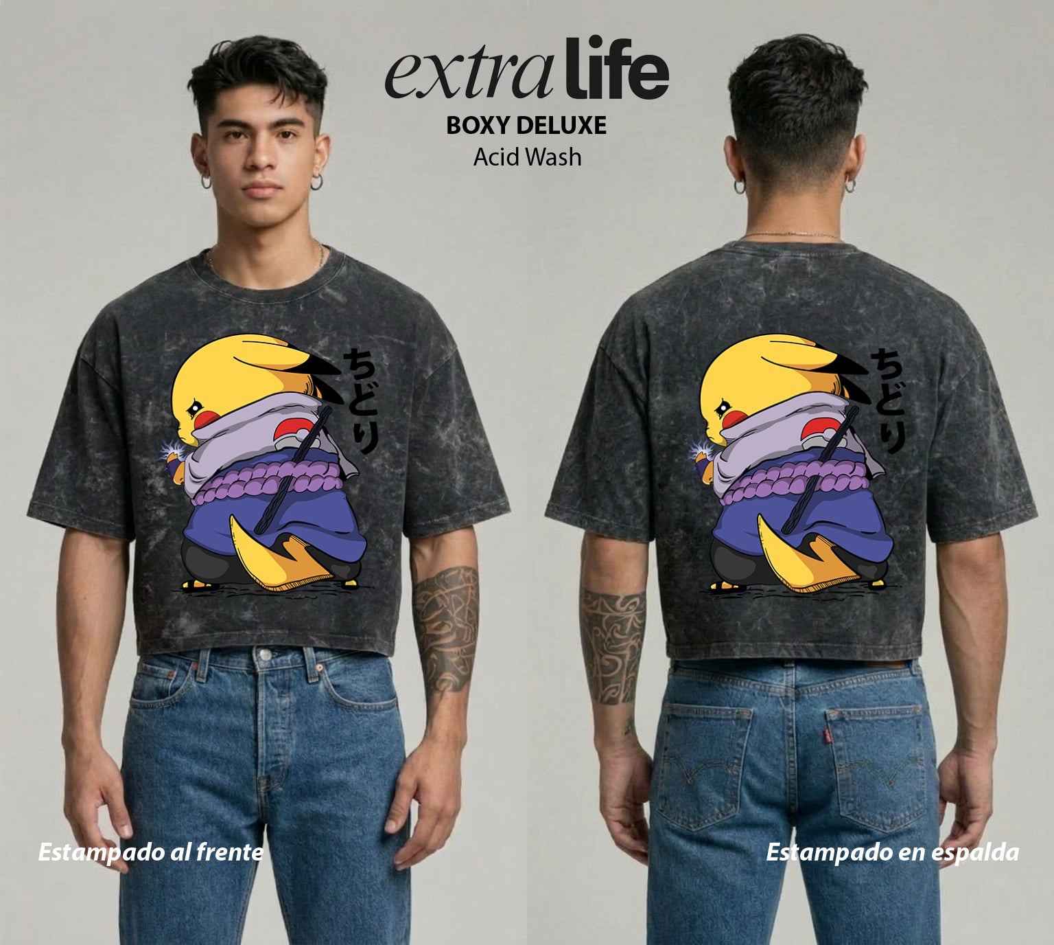 Playera streetwear premium de anime y gaming ExtraLife MX, corte boxy deluxe mineral wash heavyweight en color Acid Wash, moda urbana mexicana de culto.