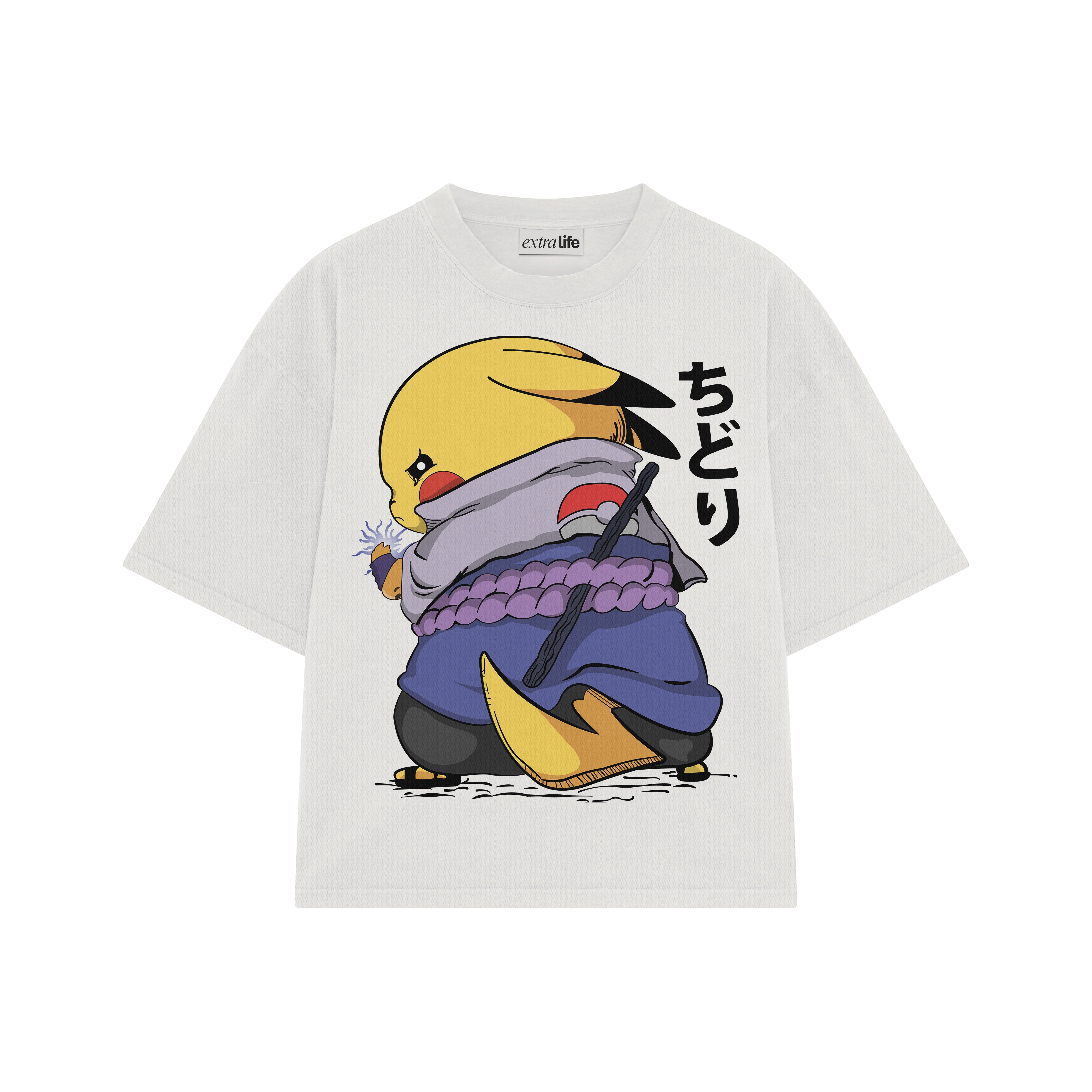Playera streetwear premium de anime y gaming ExtraLife MX, corte boxy oversized drop shoulder heavyweight en color Deep Black y Off-White, moda urbana mexicana de culto.
