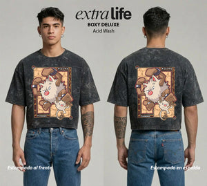 Playera streetwear premium de anime y gaming ExtraLife MX, corte boxy deluxe mineral wash heavyweight en color Acid Wash, moda urbana mexicana de culto.