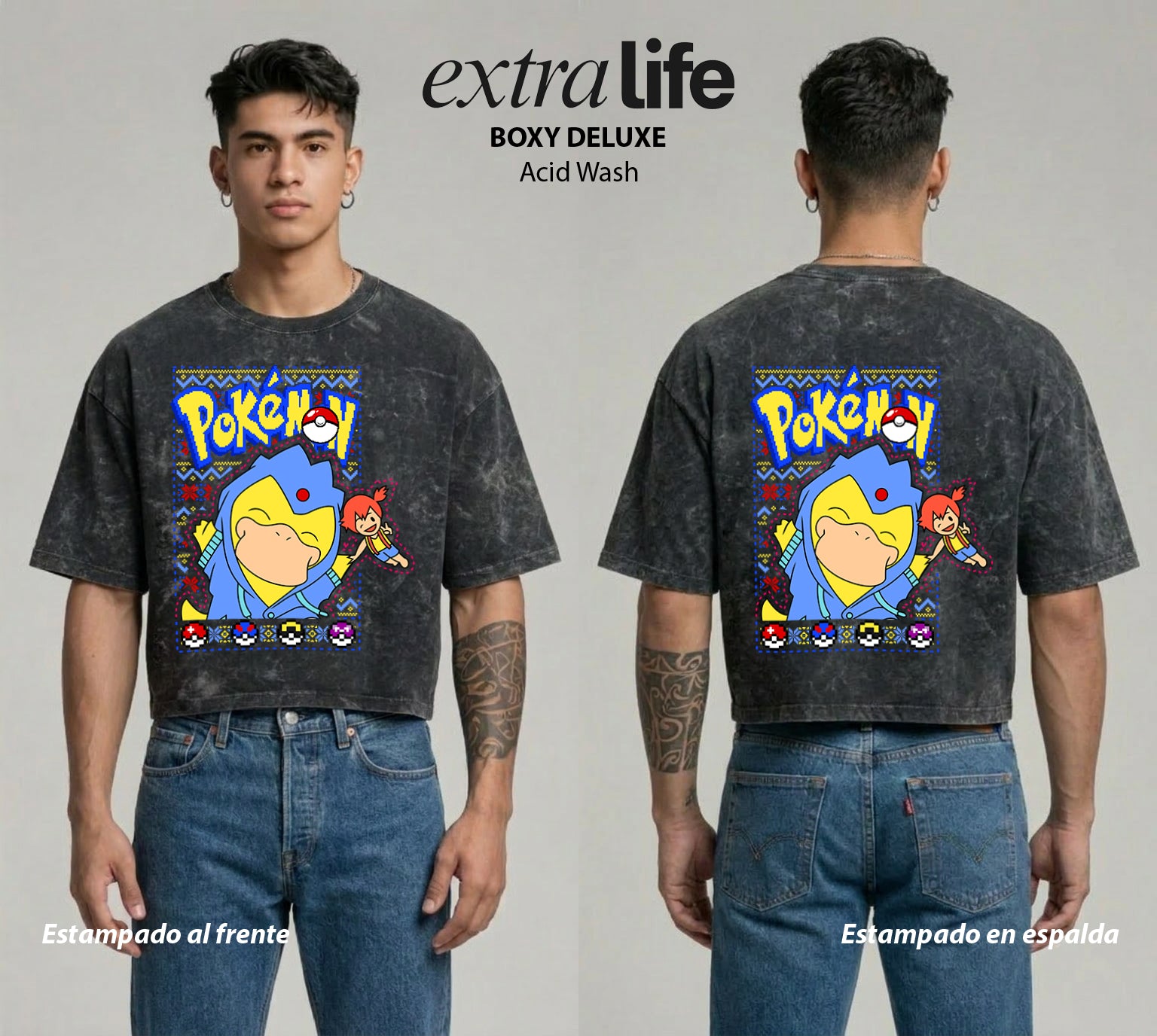 Playera streetwear premium de anime y gaming ExtraLife MX, corte boxy deluxe mineral wash heavyweight en color Acid Wash, moda urbana mexicana de culto.