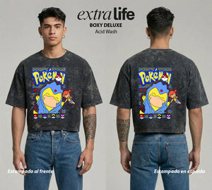 Playera streetwear premium de anime y gaming ExtraLife MX, corte boxy deluxe mineral wash heavyweight en color Acid Wash, moda urbana mexicana de culto.
