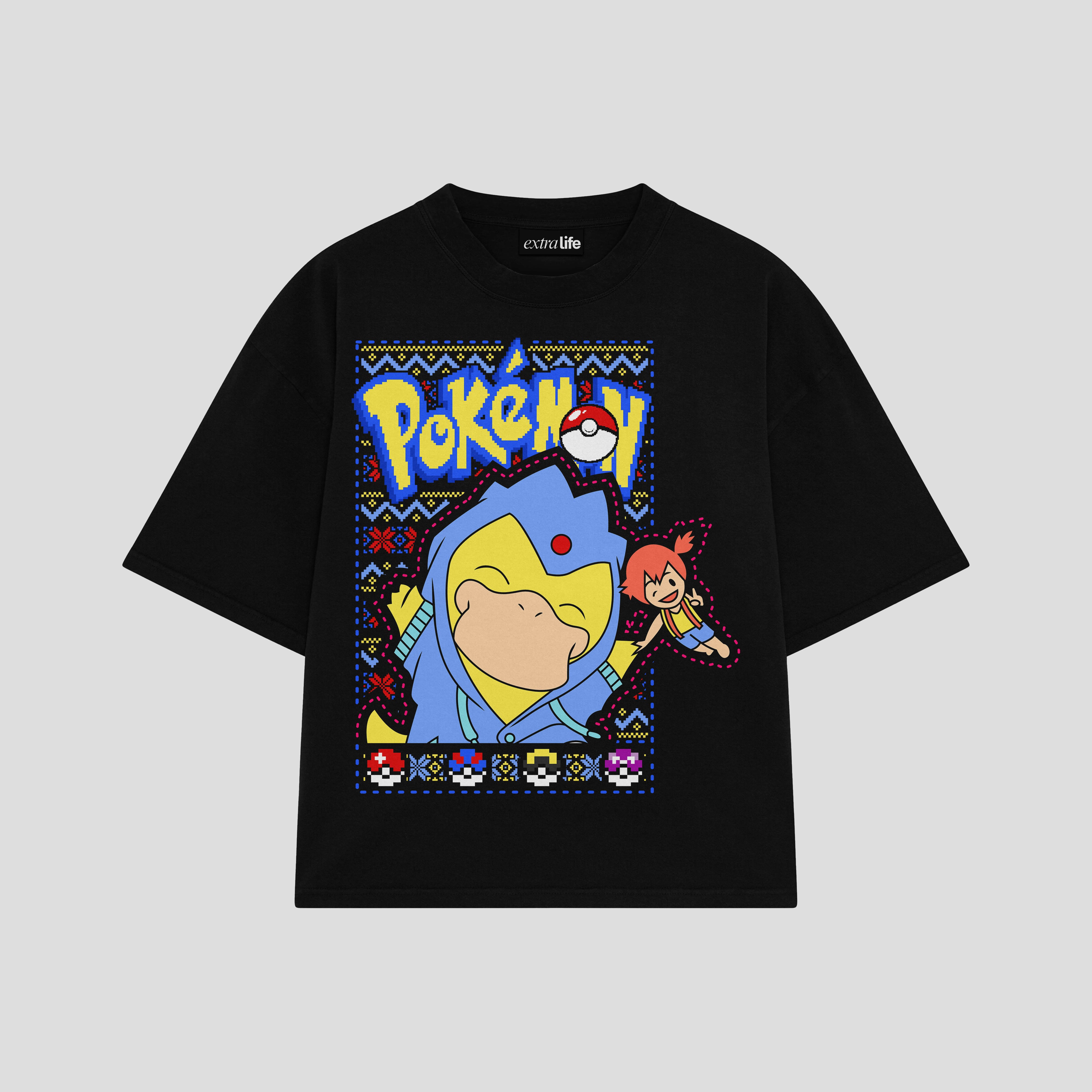 Playera streetwear premium de anime y gaming ExtraLife MX, corte boxy oversized drop shoulder heavyweight en color Deep Black y Off-White, moda urbana mexicana de culto.