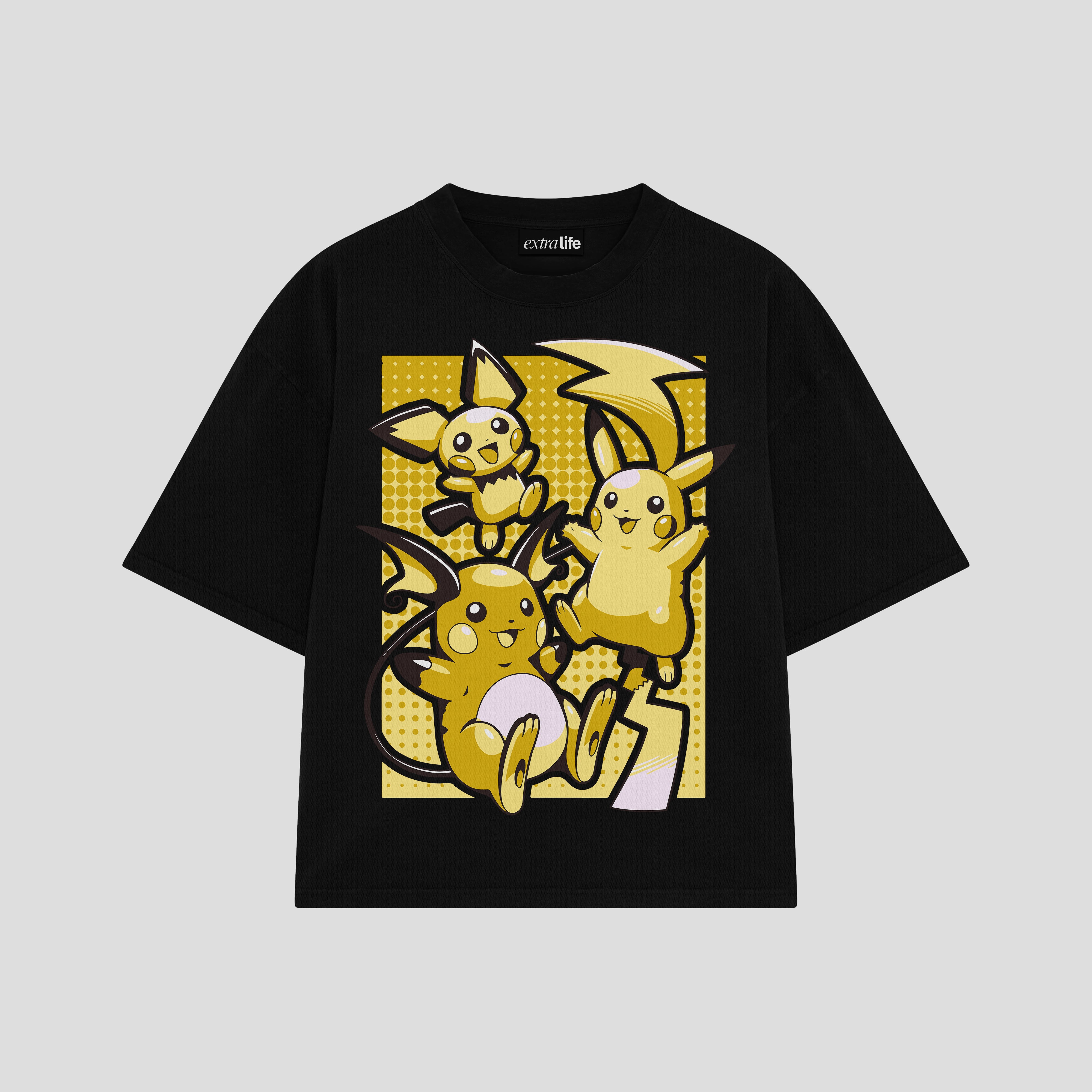 Playera streetwear premium de anime y gaming ExtraLife MX, corte boxy oversized drop shoulder heavyweight en color Deep Black y Off-White, moda urbana mexicana de culto.