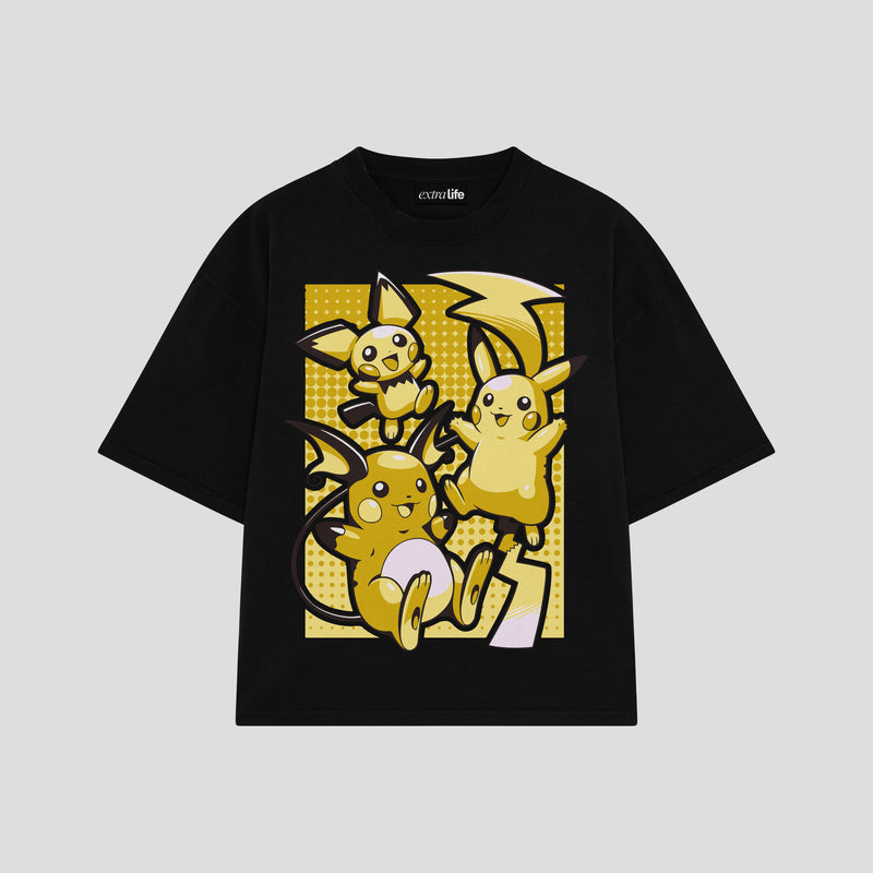 Playera streetwear premium de anime y gaming ExtraLife MX, corte boxy oversized drop shoulder heavyweight en color Deep Black y Off-White, moda urbana mexicana de culto.