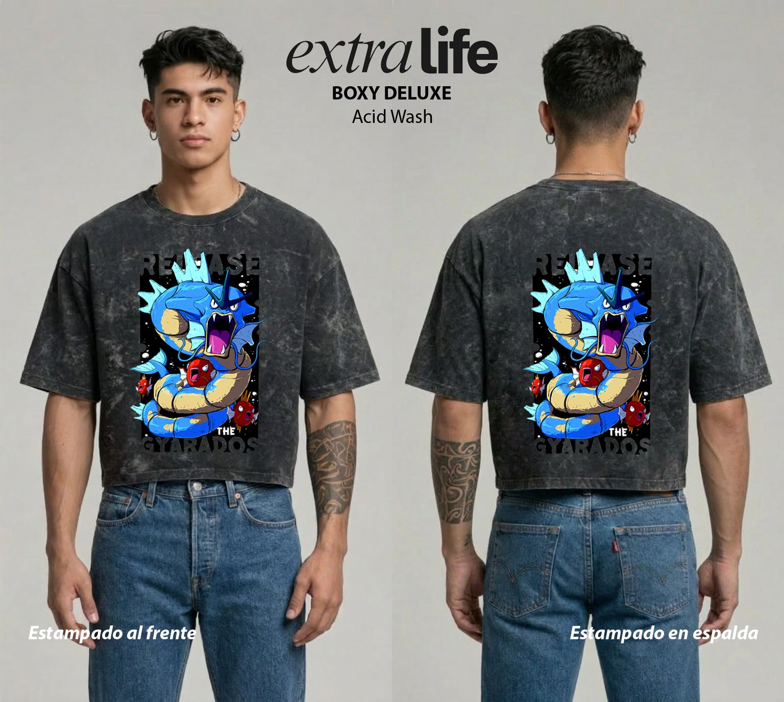 Playera streetwear premium de anime y gaming ExtraLife MX, corte boxy deluxe mineral wash heavyweight en color Acid Wash, moda urbana mexicana de culto.