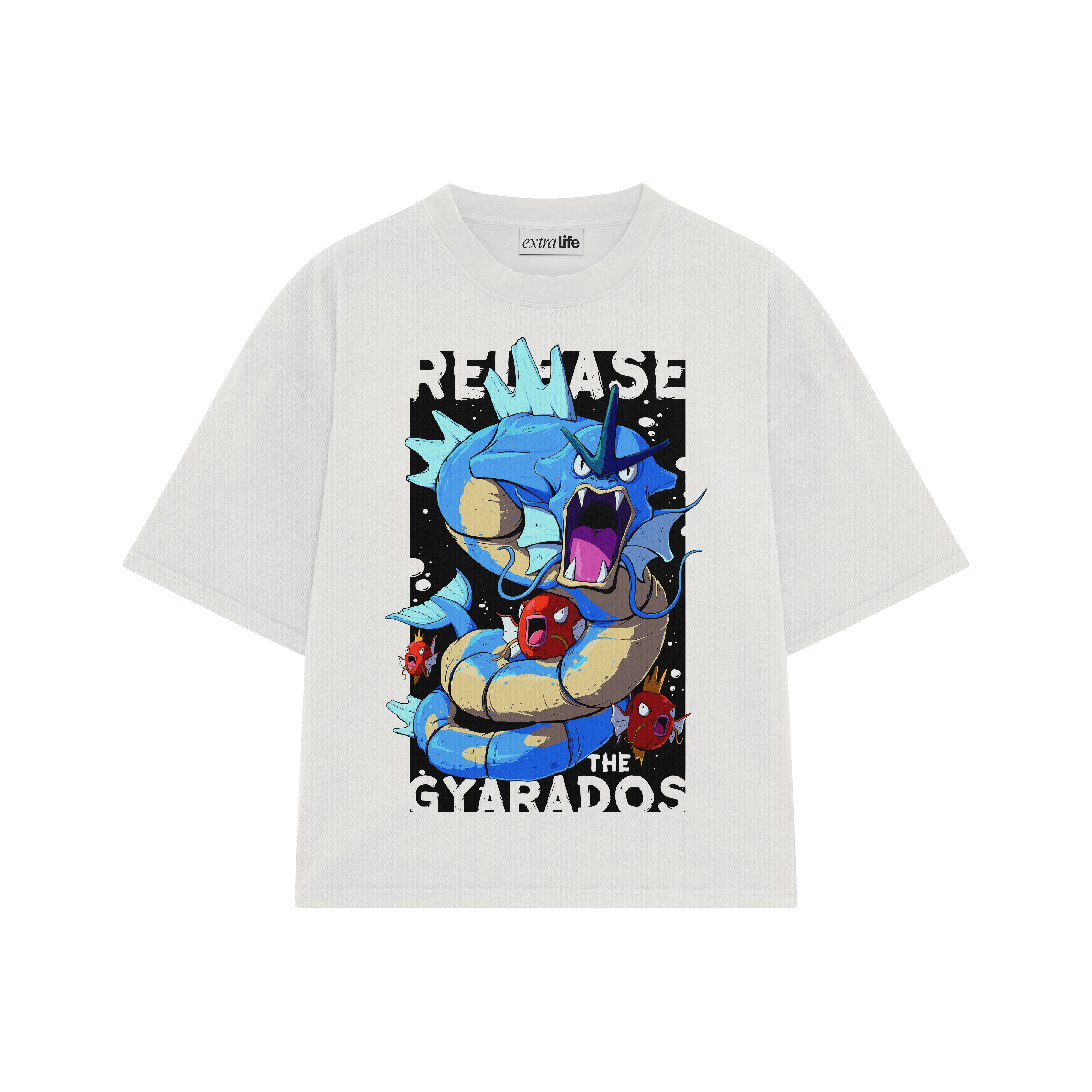 Playera streetwear premium de anime y gaming ExtraLife MX, corte boxy oversized drop shoulder heavyweight en color Deep Black y Off-White, moda urbana mexicana de culto.