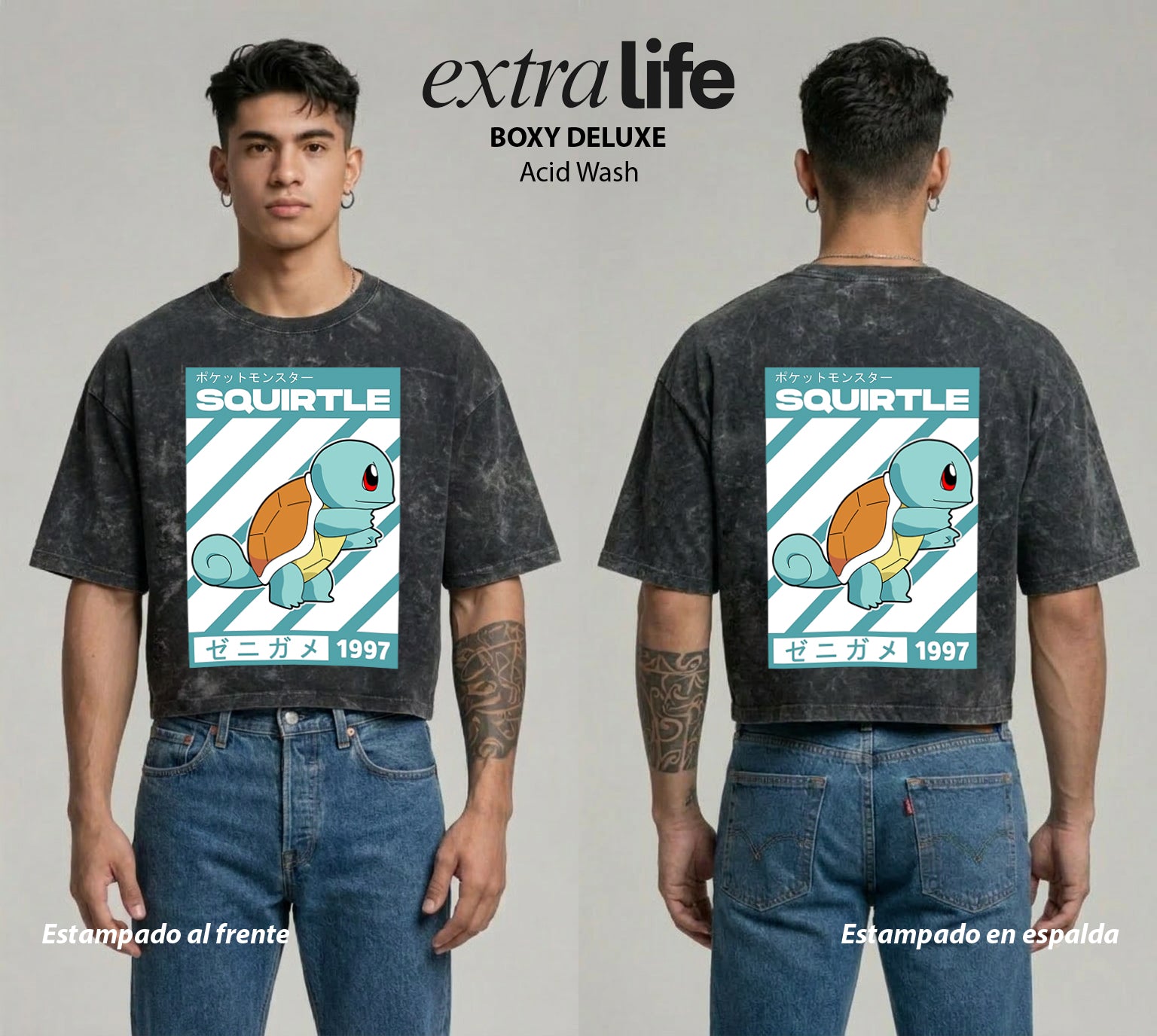 Playera streetwear premium de anime y gaming ExtraLife MX, corte boxy deluxe mineral wash heavyweight en color Acid Wash, moda urbana mexicana de culto.