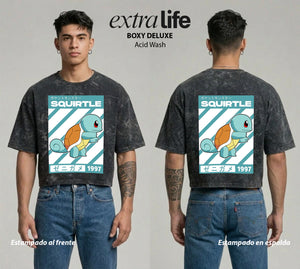 Playera streetwear premium de anime y gaming ExtraLife MX, corte boxy deluxe mineral wash heavyweight en color Acid Wash, moda urbana mexicana de culto.