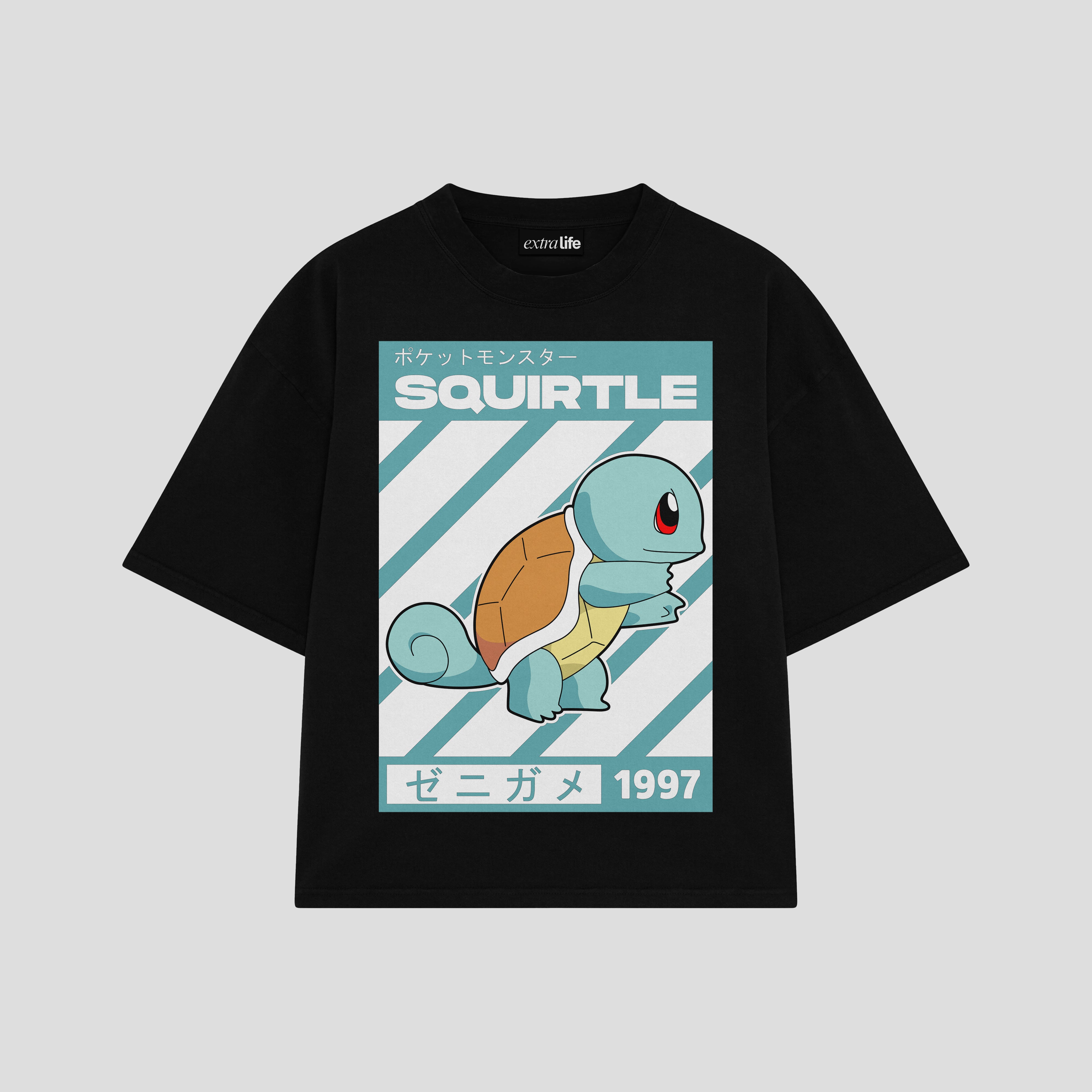 Playera streetwear premium de anime y gaming ExtraLife MX, corte boxy oversized drop shoulder heavyweight en color Deep Black y Off-White, moda urbana mexicana de culto.