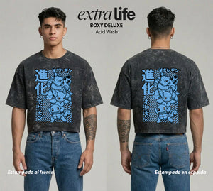 Playera streetwear premium de anime y gaming ExtraLife MX, corte boxy deluxe mineral wash heavyweight en color Acid Wash, moda urbana mexicana de culto.
