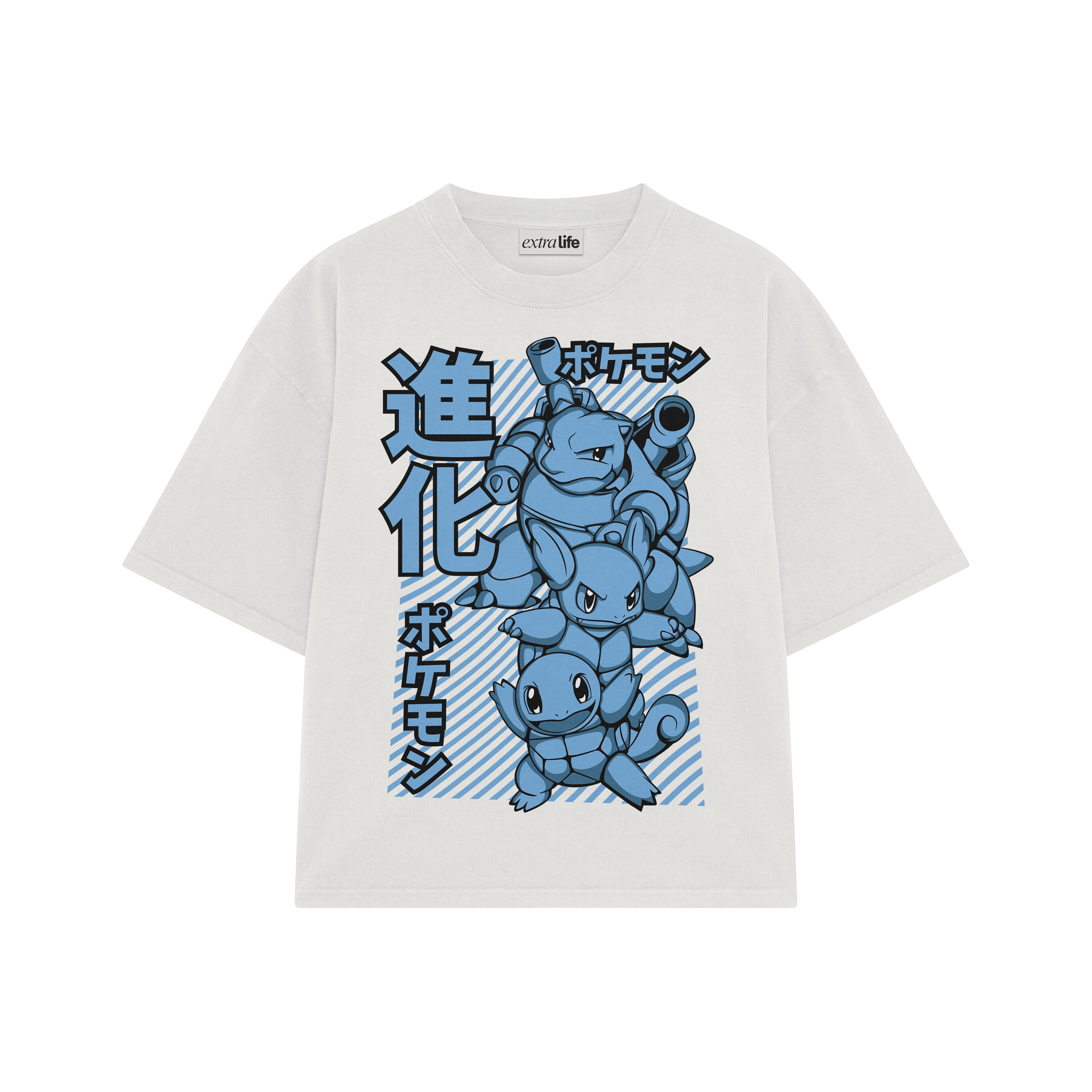 Playera streetwear premium de anime y gaming ExtraLife MX, corte boxy oversized drop shoulder heavyweight en color Deep Black y Off-White, moda urbana mexicana de culto.