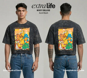 Playera streetwear premium de anime y gaming ExtraLife MX, corte boxy deluxe mineral wash heavyweight en color Acid Wash, moda urbana mexicana de culto.