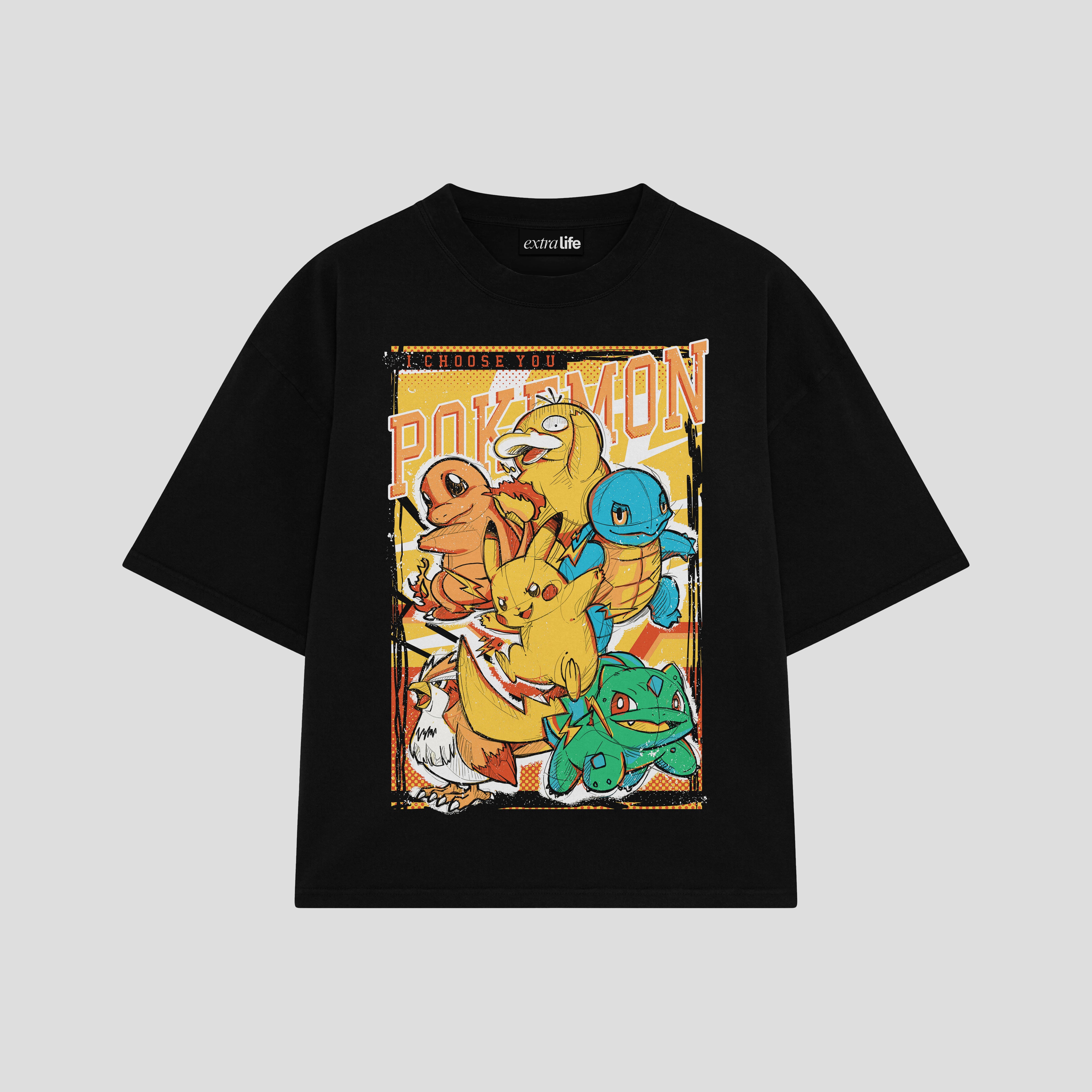 Playera streetwear premium de anime y gaming ExtraLife MX, corte boxy oversized drop shoulder heavyweight en color Deep Black y Off-White, moda urbana mexicana de culto.
