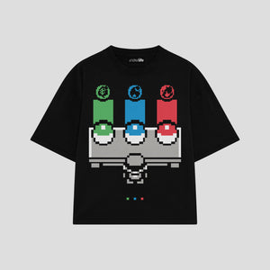 Playera streetwear premium de anime y gaming ExtraLife MX, corte boxy oversized drop shoulder heavyweight en color Deep Black y Off-White, moda urbana mexicana de culto.