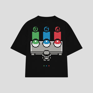 Playera streetwear premium de anime y gaming ExtraLife MX, corte boxy oversized drop shoulder heavyweight en color Deep Black y Off-White, moda urbana mexicana de culto.