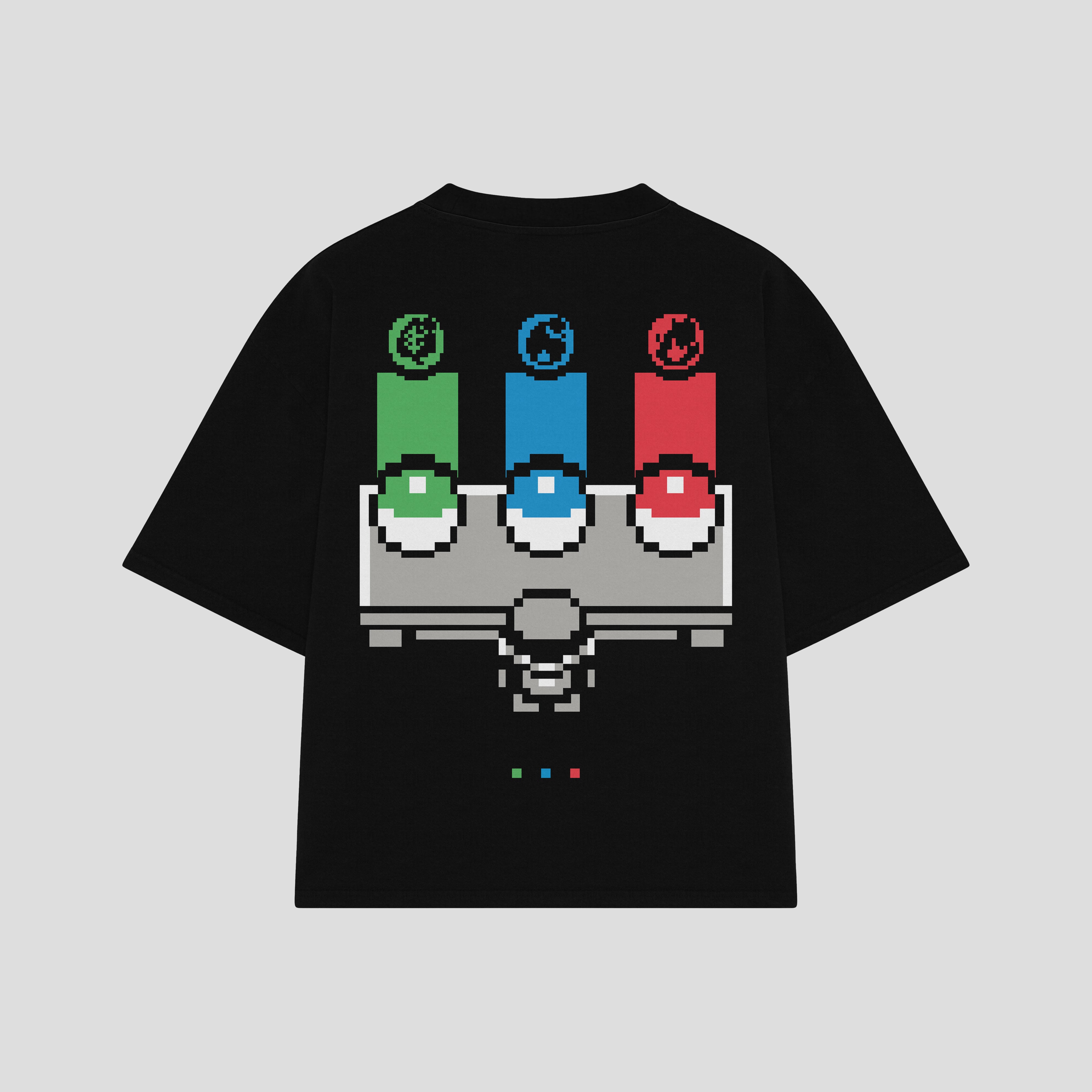 Playera streetwear premium de anime y gaming ExtraLife MX, corte boxy oversized drop shoulder heavyweight en color Deep Black y Off-White, moda urbana mexicana de culto.
