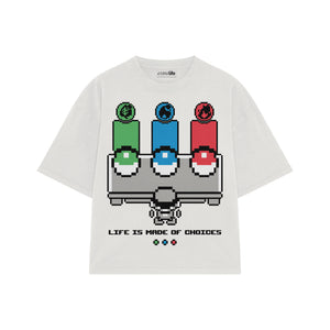 Playera streetwear premium de anime y gaming ExtraLife MX, corte boxy oversized drop shoulder heavyweight en color Deep Black y Off-White, moda urbana mexicana de culto.