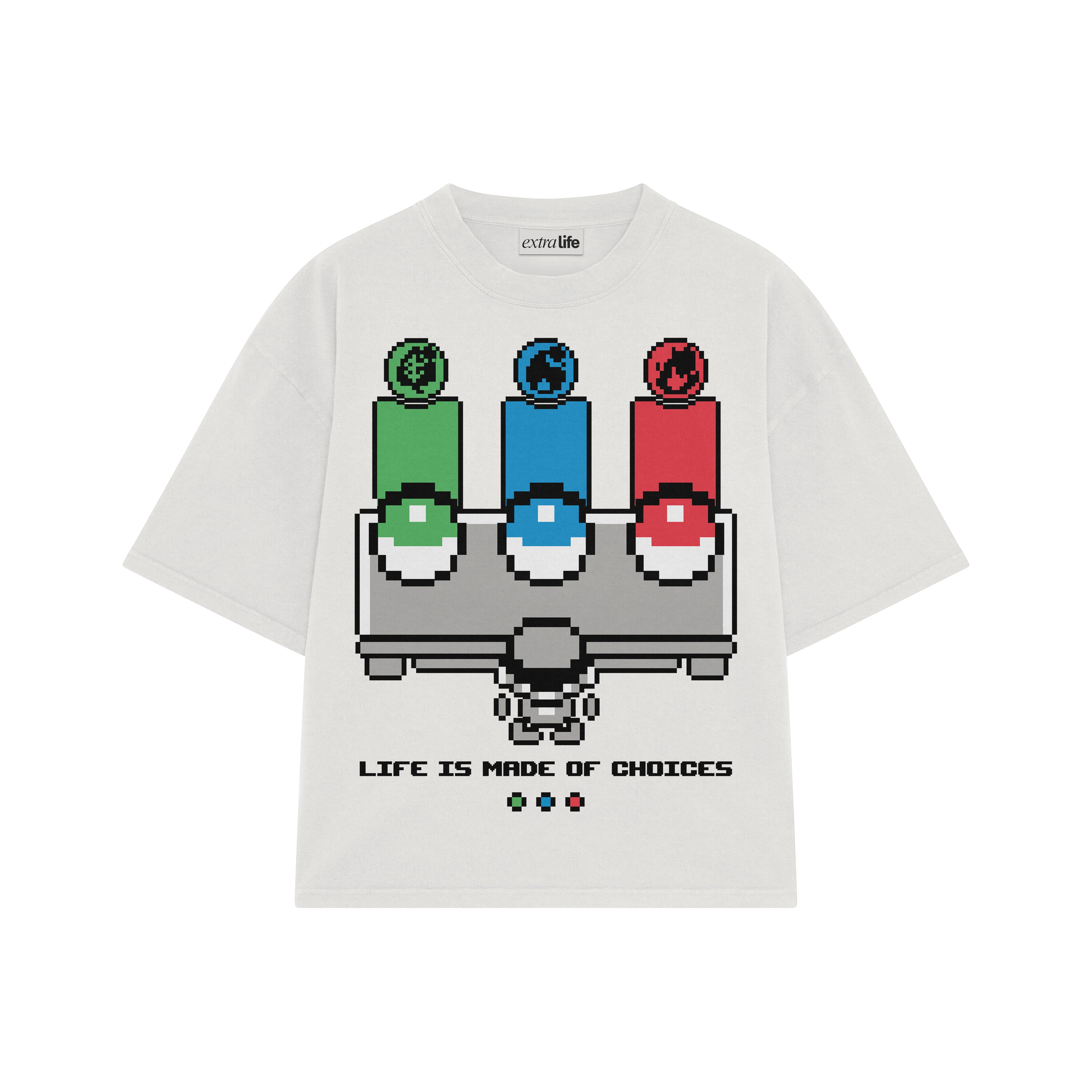 Playera streetwear premium de anime y gaming ExtraLife MX, corte boxy oversized drop shoulder heavyweight en color Deep Black y Off-White, moda urbana mexicana de culto.