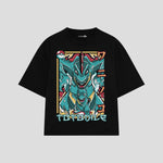 Playera streetwear premium de anime y gaming ExtraLife MX, corte boxy oversized drop shoulder heavyweight en color Deep Black y Off-White, moda urbana mexicana de culto.