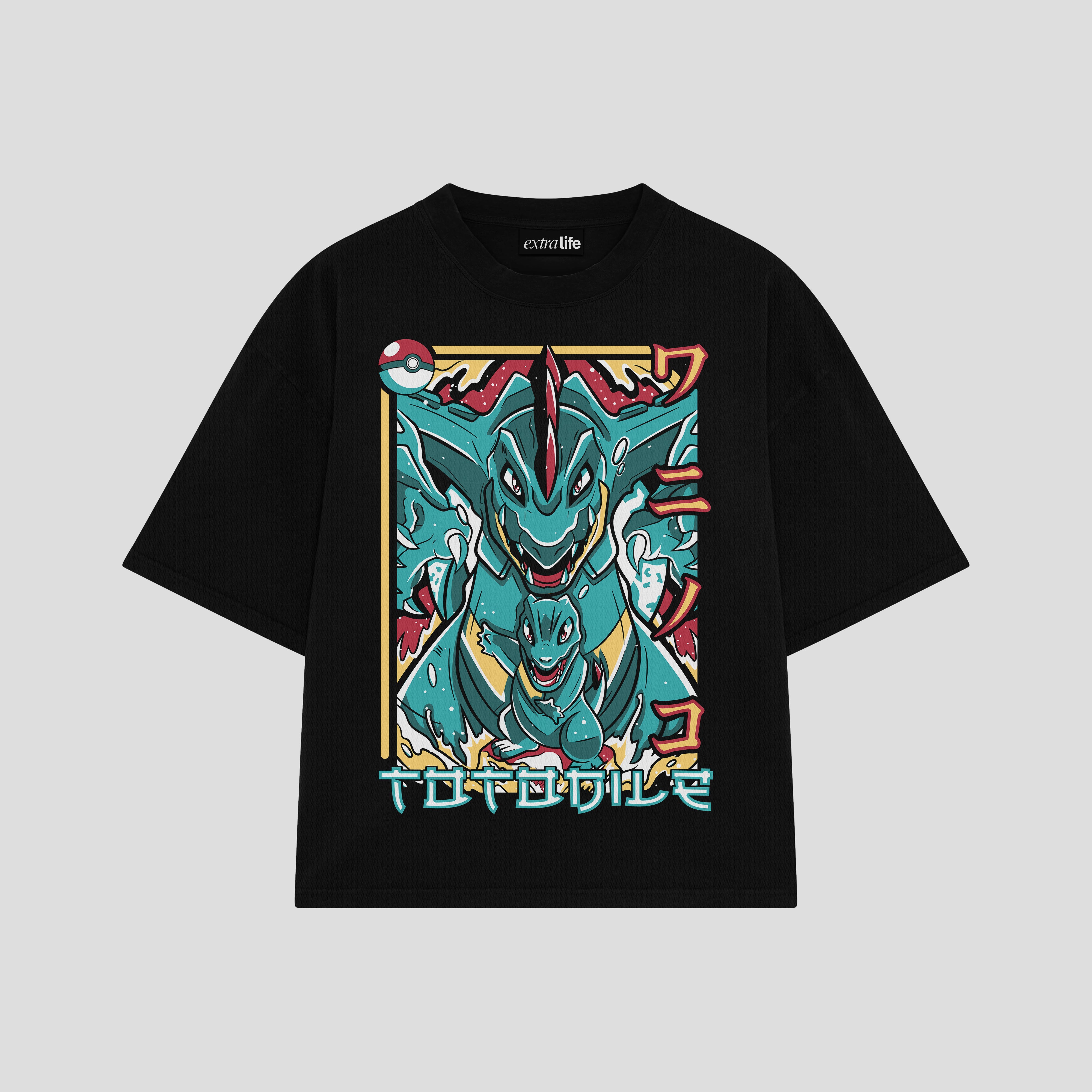 Playera streetwear premium de anime y gaming ExtraLife MX, corte boxy oversized drop shoulder heavyweight en color Deep Black y Off-White, moda urbana mexicana de culto.