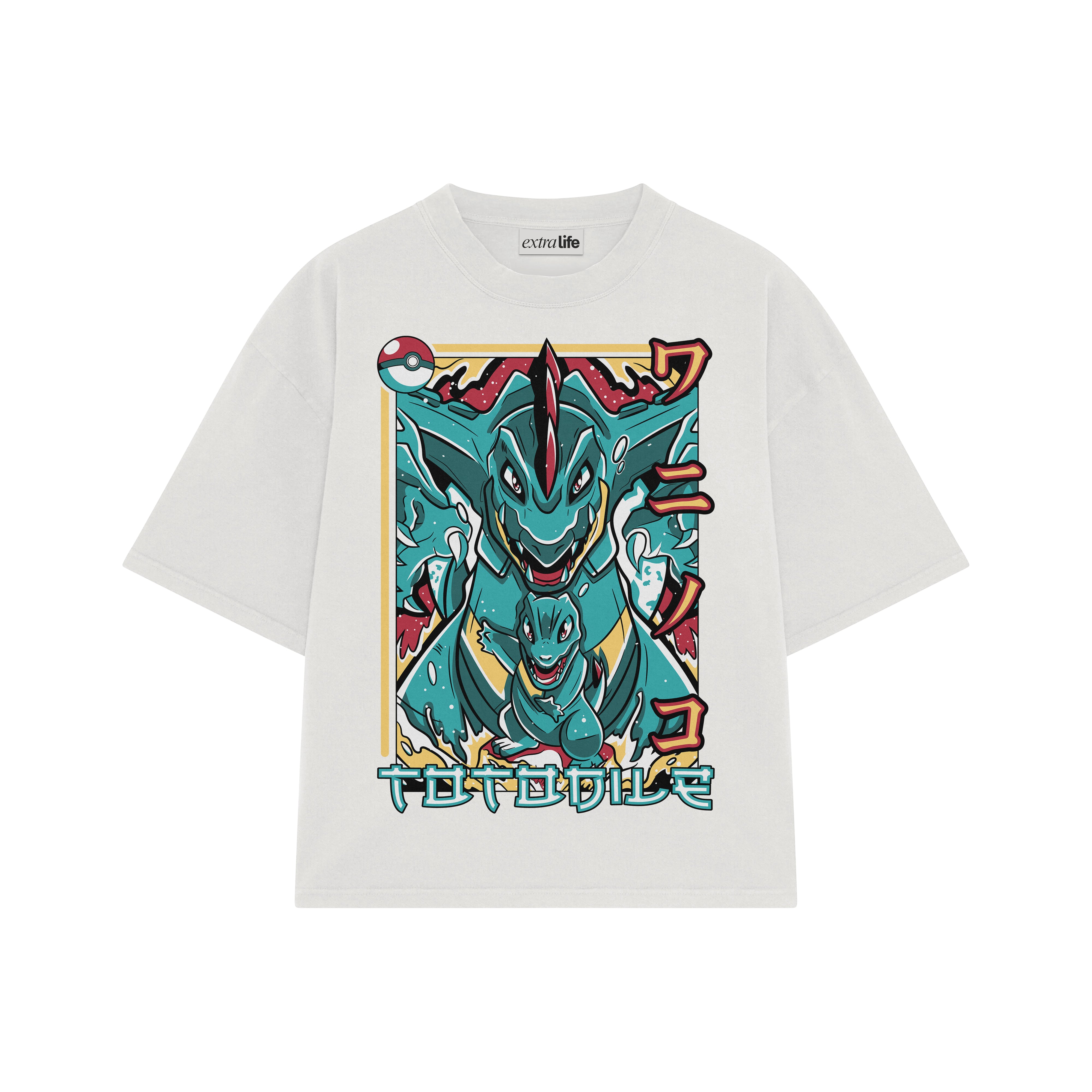 Playera streetwear premium de anime y gaming ExtraLife MX, corte boxy oversized drop shoulder heavyweight en color Deep Black y Off-White, moda urbana mexicana de culto.