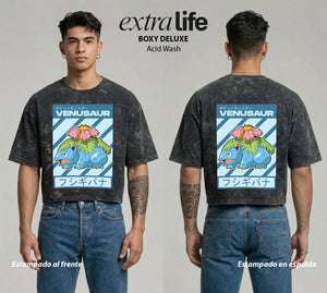 Playera streetwear premium de anime y gaming ExtraLife MX, corte boxy deluxe mineral wash heavyweight en color Acid Wash, moda urbana mexicana de culto.