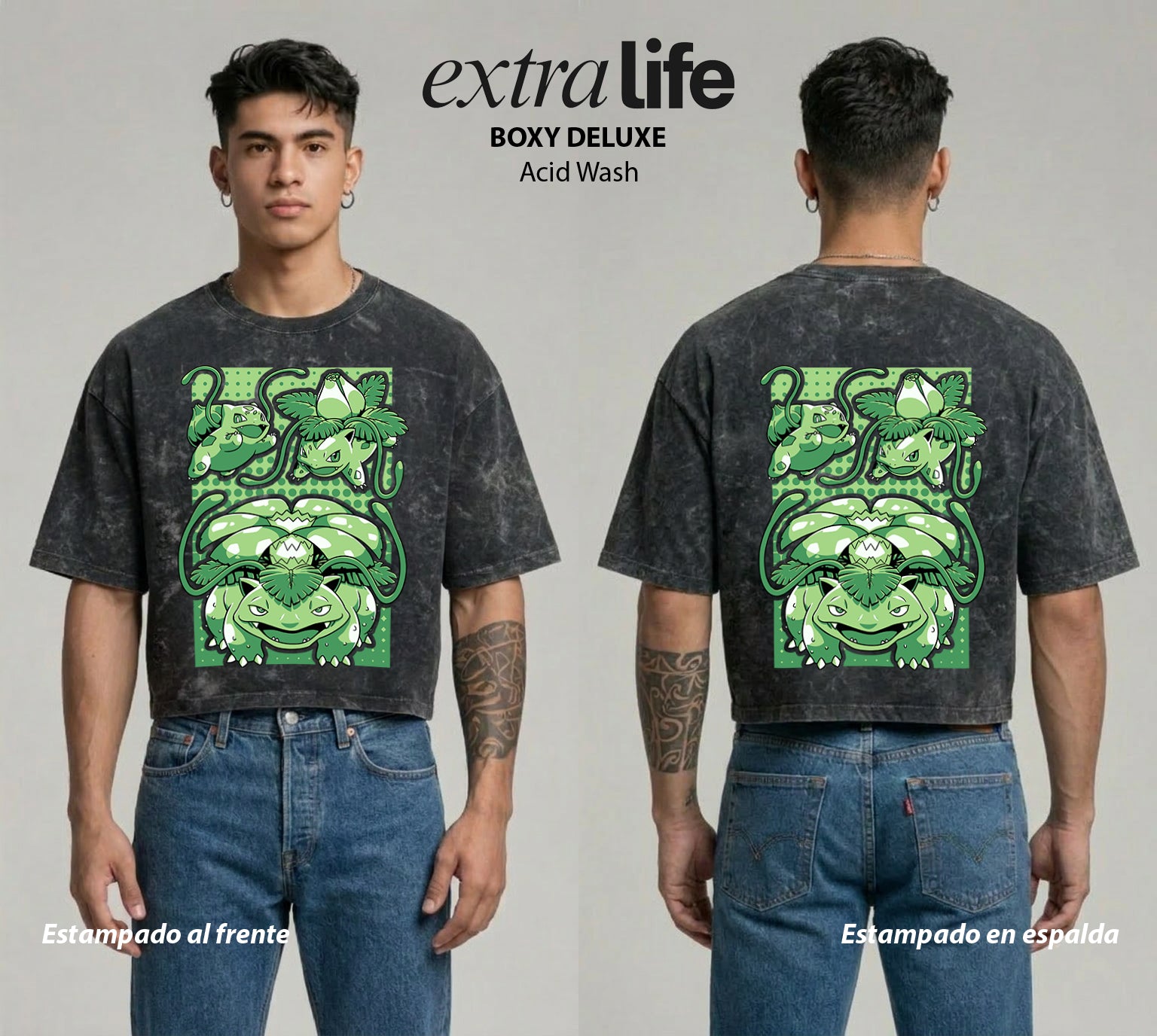 Playera streetwear premium de anime y gaming ExtraLife MX, corte boxy deluxe mineral wash heavyweight en color Acid Wash, moda urbana mexicana de culto.