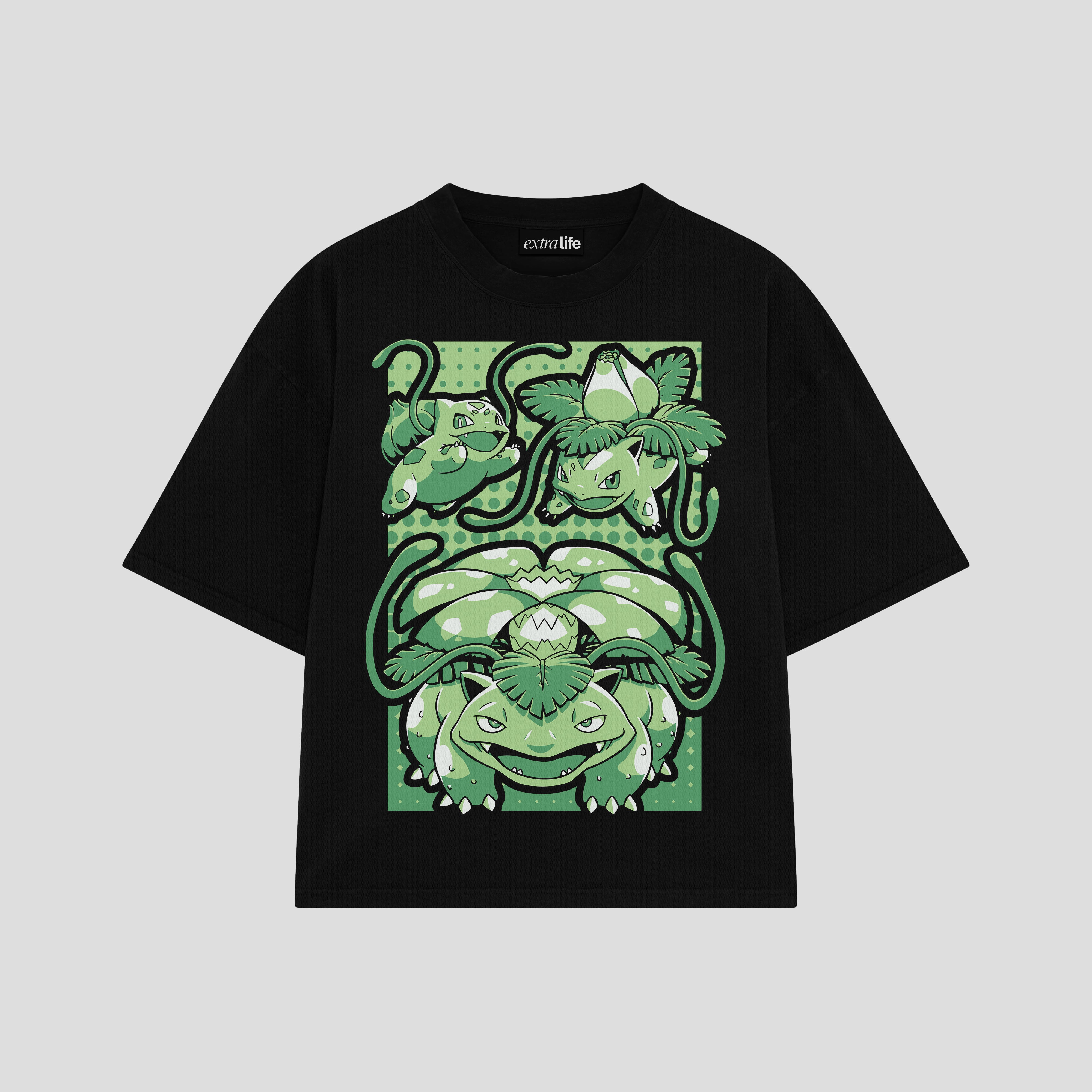 Playera streetwear premium de anime y gaming ExtraLife MX, corte boxy oversized drop shoulder heavyweight en color Deep Black y Off-White, moda urbana mexicana de culto.