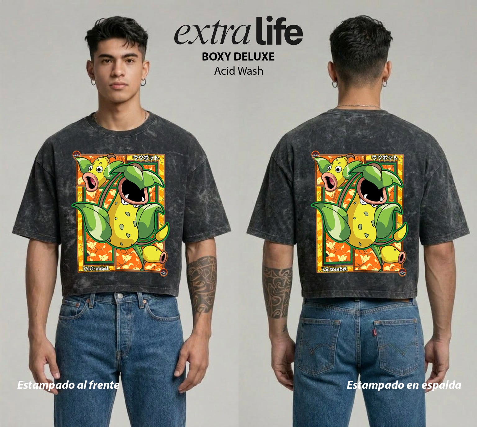 Playera streetwear premium de anime y gaming ExtraLife MX, corte boxy deluxe mineral wash heavyweight en color Acid Wash, moda urbana mexicana de culto.