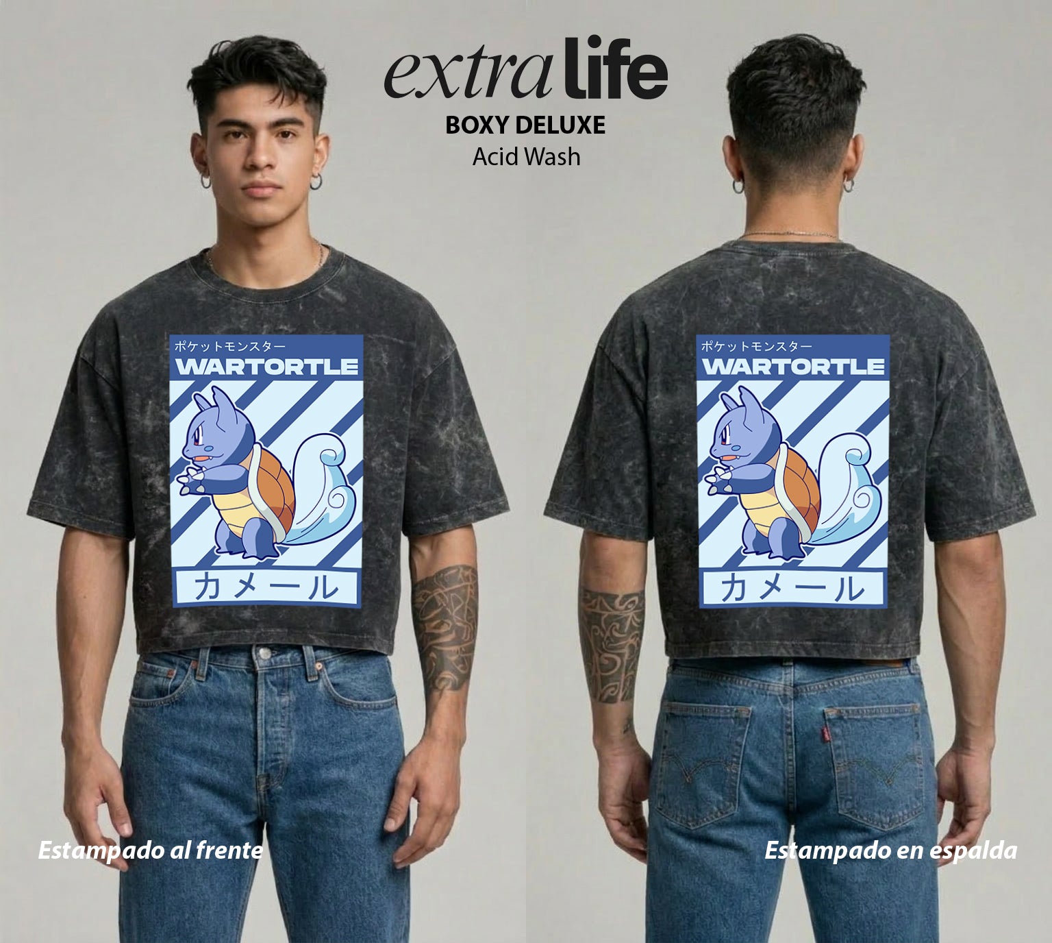 Playera streetwear premium de anime y gaming ExtraLife MX, corte boxy deluxe mineral wash heavyweight en color Acid Wash, moda urbana mexicana de culto.