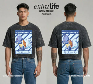 Playera streetwear premium de anime y gaming ExtraLife MX, corte boxy deluxe mineral wash heavyweight en color Acid Wash, moda urbana mexicana de culto.