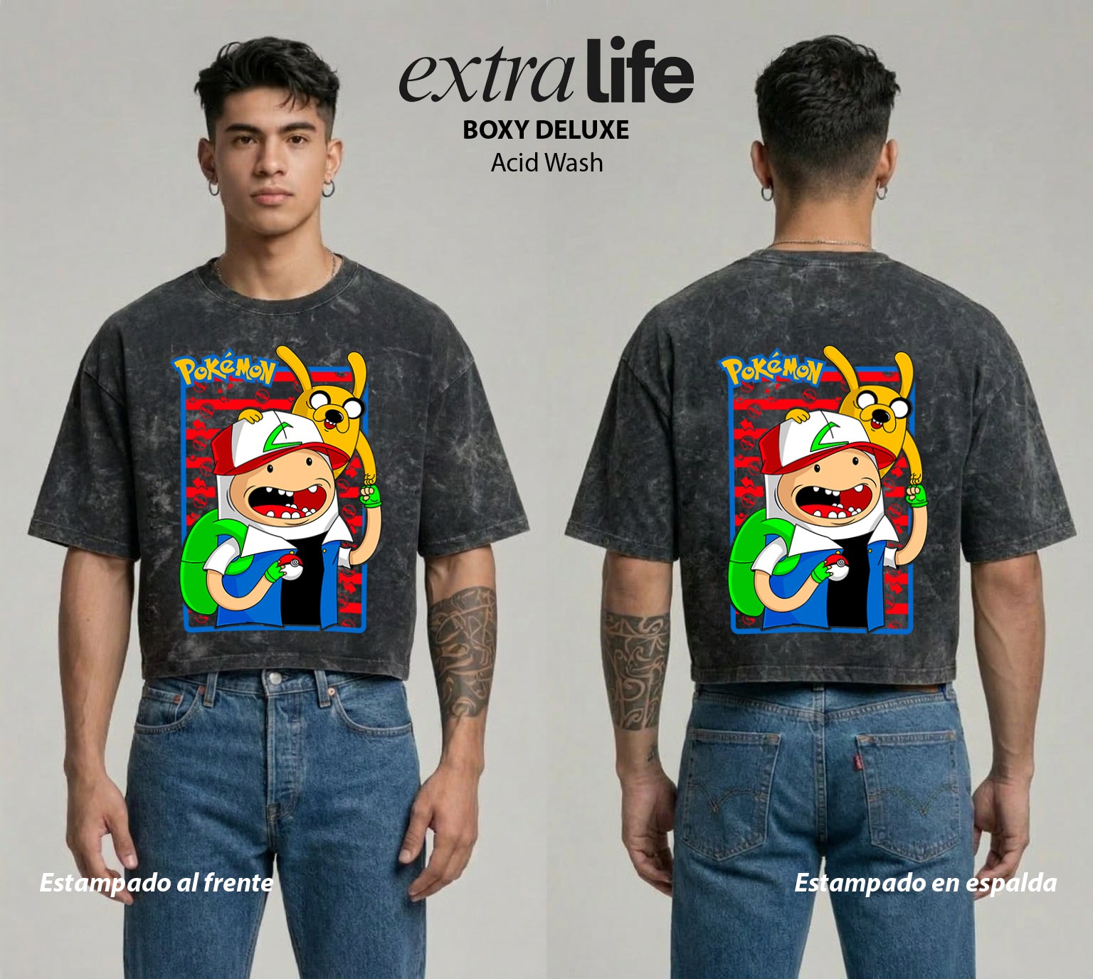 Playera streetwear premium de anime y gaming ExtraLife MX, corte boxy deluxe mineral wash heavyweight en color Acid Wash, moda urbana mexicana de culto.