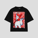 Playera streetwear premium de anime y gaming ExtraLife MX, corte boxy oversized drop shoulder heavyweight en color Deep Black y Off-White, moda urbana mexicana de culto.