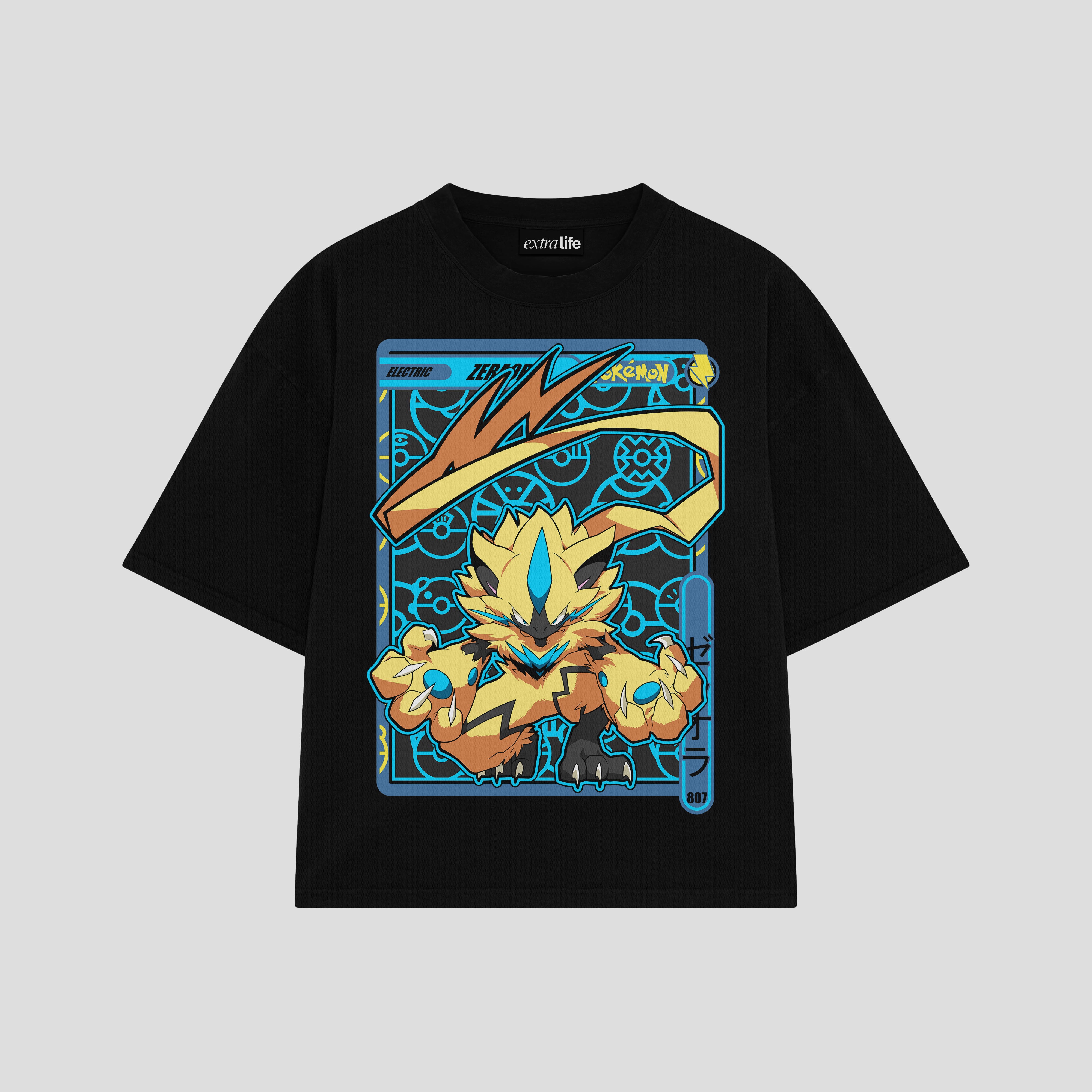 Playera streetwear premium de anime y gaming ExtraLife MX, corte boxy oversized drop shoulder heavyweight en color Deep Black y Off-White, moda urbana mexicana de culto.