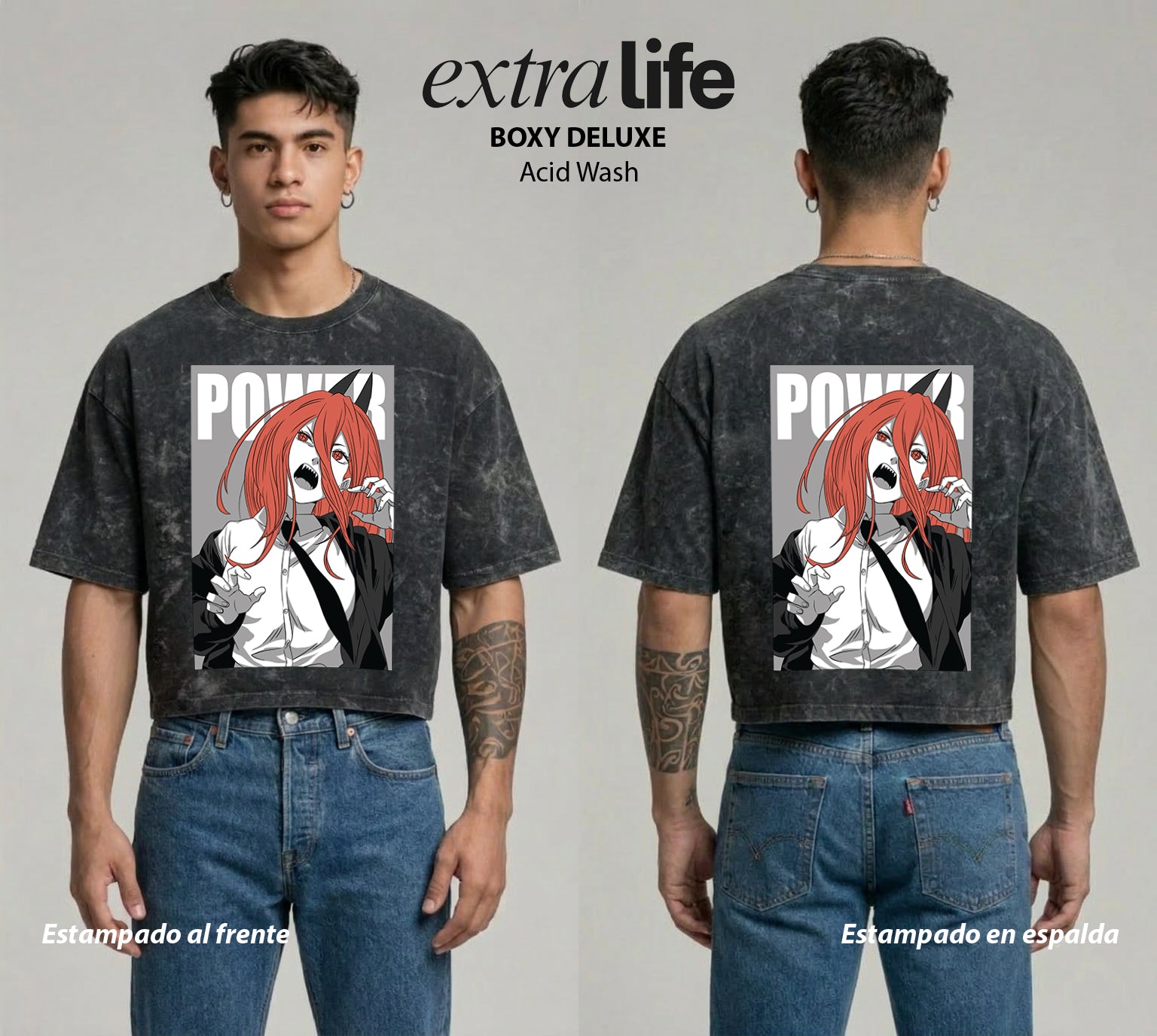 Playera streetwear premium de anime y gaming ExtraLife MX, corte boxy deluxe mineral wash heavyweight en color Acid Wash, moda urbana mexicana de culto.