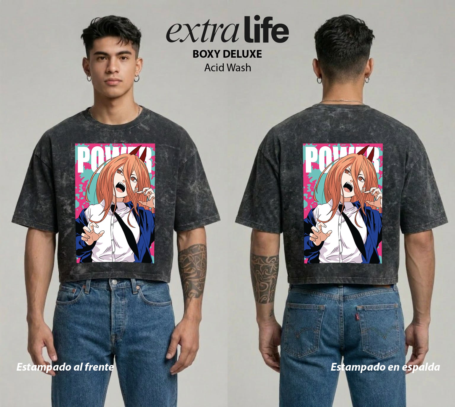 Playera streetwear premium de anime y gaming ExtraLife MX, corte boxy deluxe mineral wash heavyweight en color Acid Wash, moda urbana mexicana de culto.