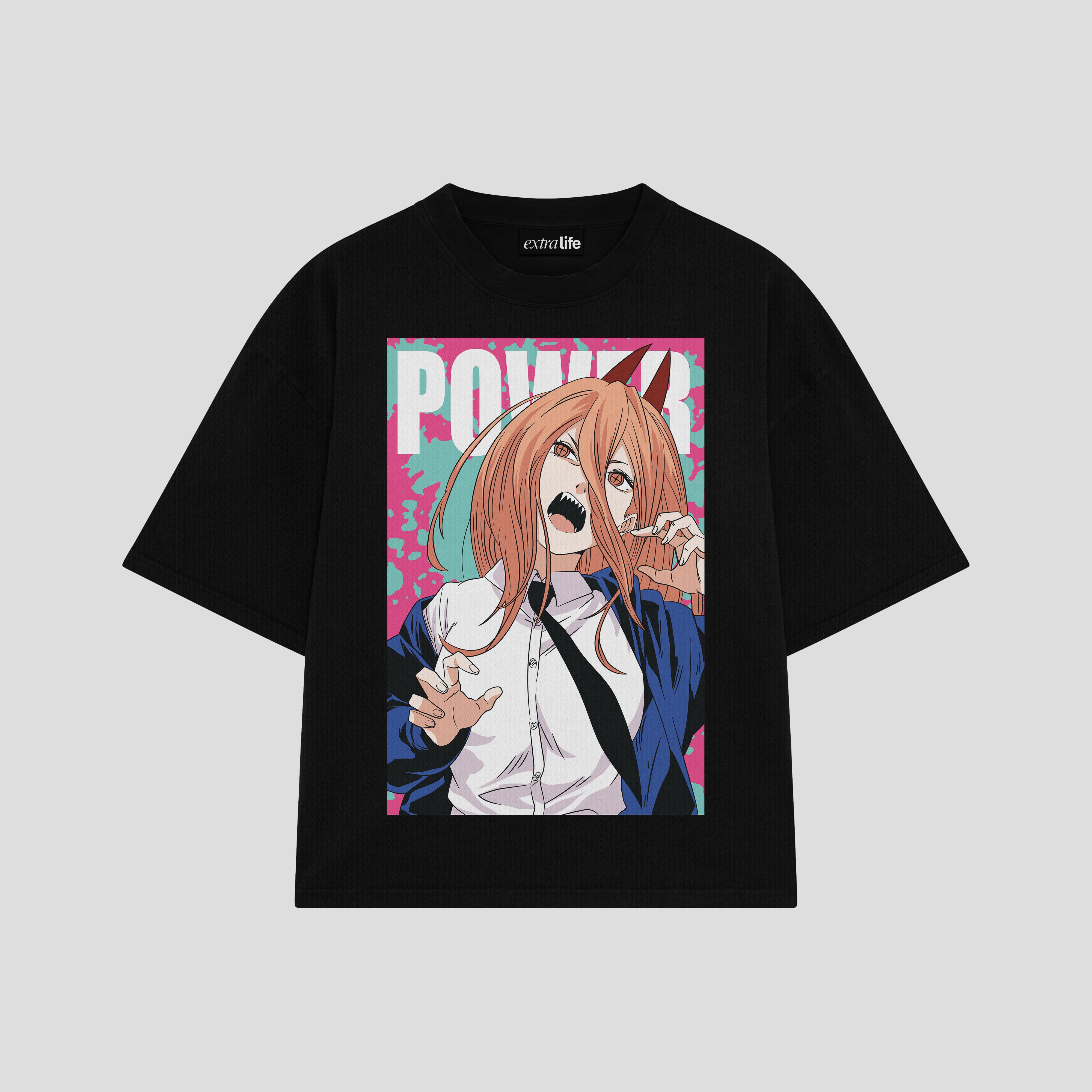 Playera streetwear premium de anime y gaming ExtraLife MX, corte boxy oversized drop shoulder heavyweight en color Deep Black y Off-White, moda urbana mexicana de culto.