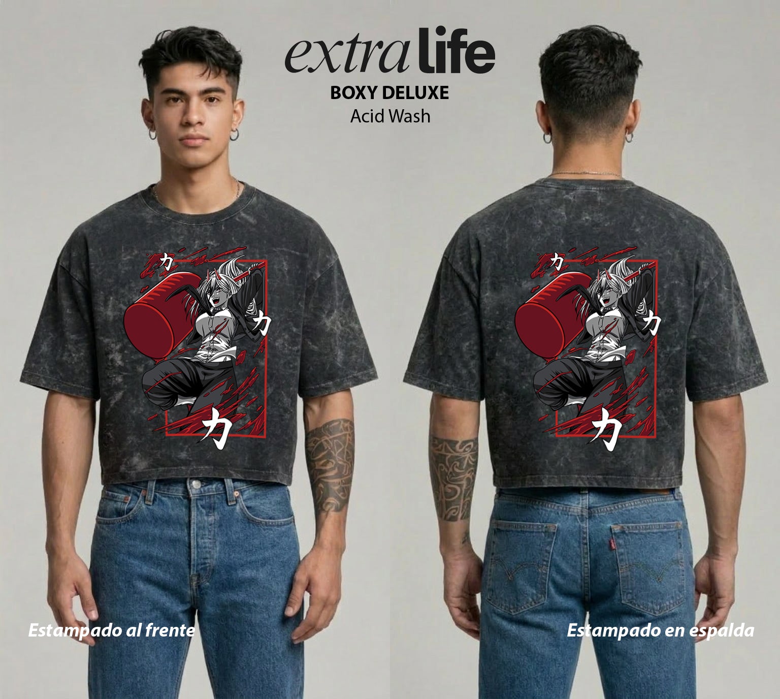 Playera streetwear premium de anime y gaming ExtraLife MX, corte boxy deluxe mineral wash heavyweight en color Acid Wash, moda urbana mexicana de culto.