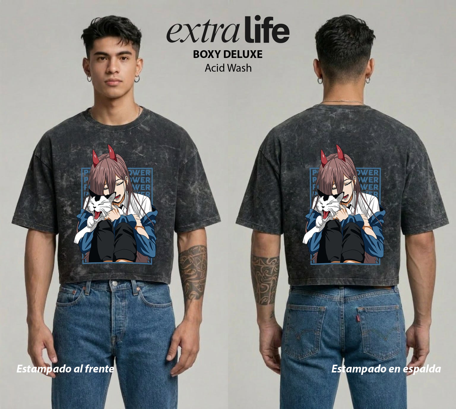 Playera streetwear premium de anime y gaming ExtraLife MX, corte boxy deluxe mineral wash heavyweight en color Acid Wash, moda urbana mexicana de culto.