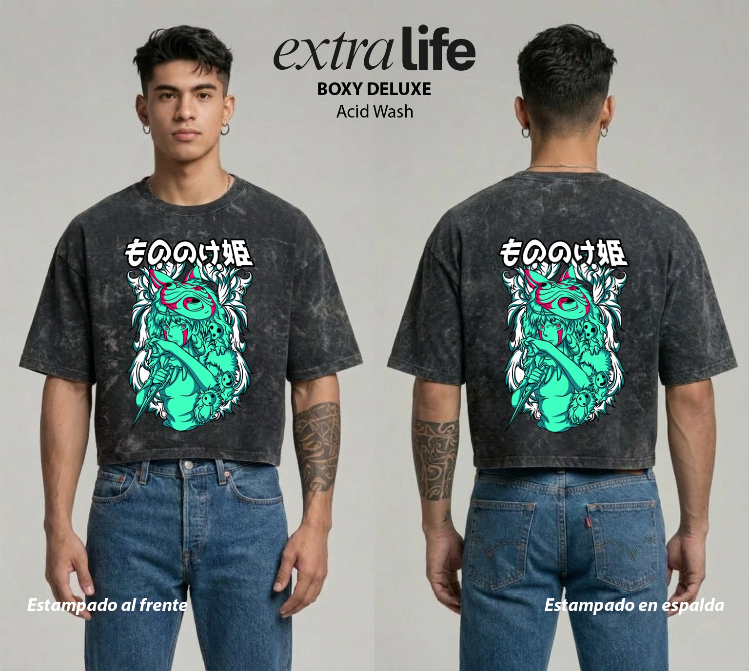Playera streetwear premium de anime y gaming ExtraLife MX, corte boxy deluxe mineral wash heavyweight en color Acid Wash, moda urbana mexicana de culto.