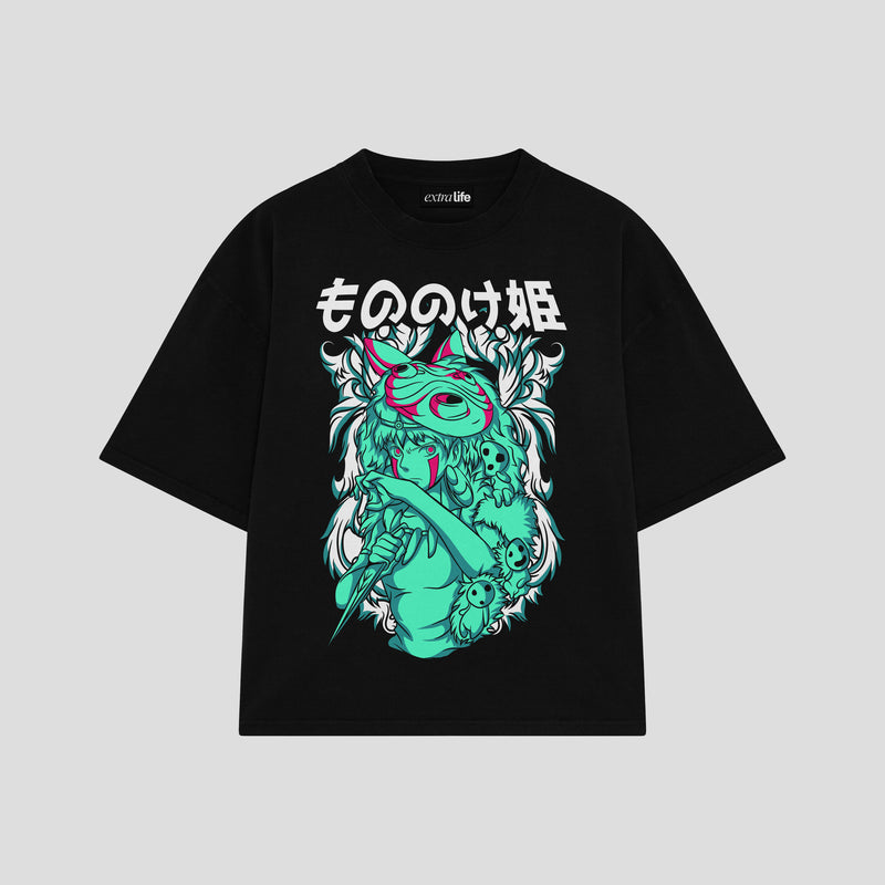 Playera streetwear premium de anime y gaming ExtraLife MX, corte boxy oversized drop shoulder heavyweight en color Deep Black y Off-White, moda urbana mexicana de culto.