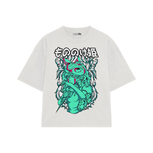 Playera streetwear premium de anime y gaming ExtraLife MX, corte boxy oversized drop shoulder heavyweight en color Deep Black y Off-White, moda urbana mexicana de culto.
