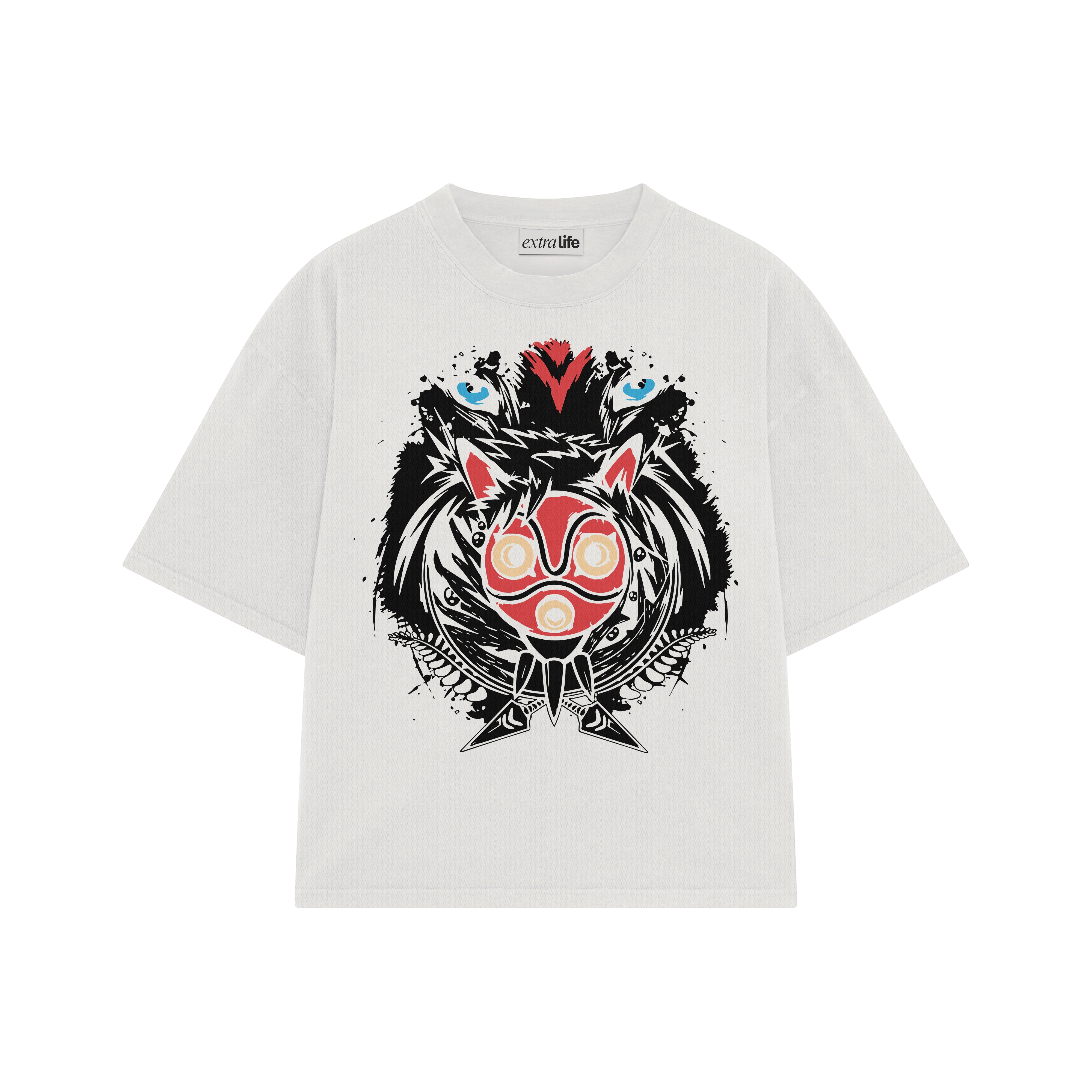 Playera streetwear premium de anime y gaming ExtraLife MX, corte boxy oversized drop shoulder heavyweight en color Deep Black y Off-White, moda urbana mexicana de culto.